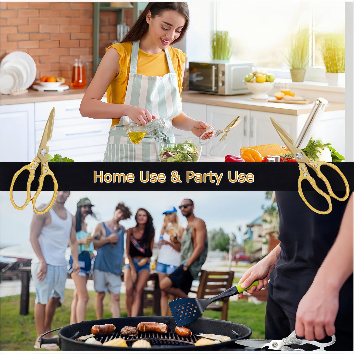 AWinjoy Japanese Gold Kitchen Scissors, Heavy Duty Stainless Steel, Multipurpose Cooking Shears, Dishwasher Safe