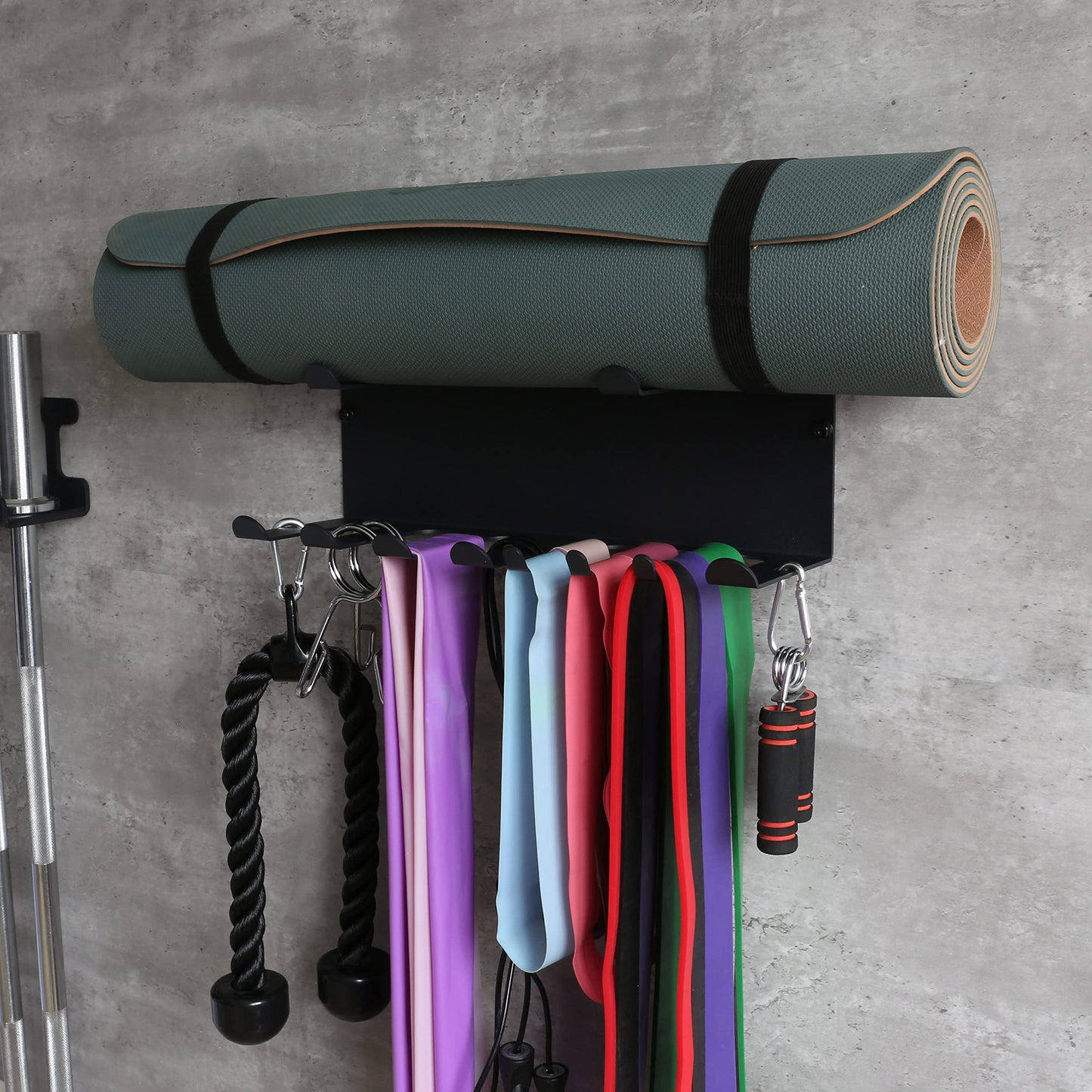 Resistance Bands Rack Wall Mount Home Gym Equipment Storage Rack for Resistance Bands, Jump Ropes, Yoga Mat, Foam Roller, Chains, 16.5", Black