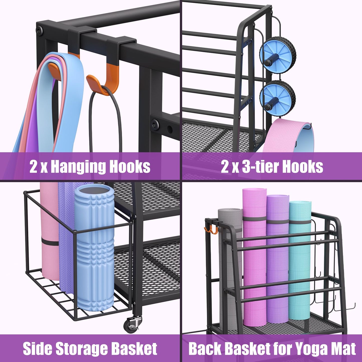 VOPEAK Dumbbell Rack for Home Gym, Adjustable Weight Rack Stand with Wheels, Heavy Duty Steel Storage Organizer for Dumbbells Kettlebells Yoga Mat, with Locking Casters & Side Hooks