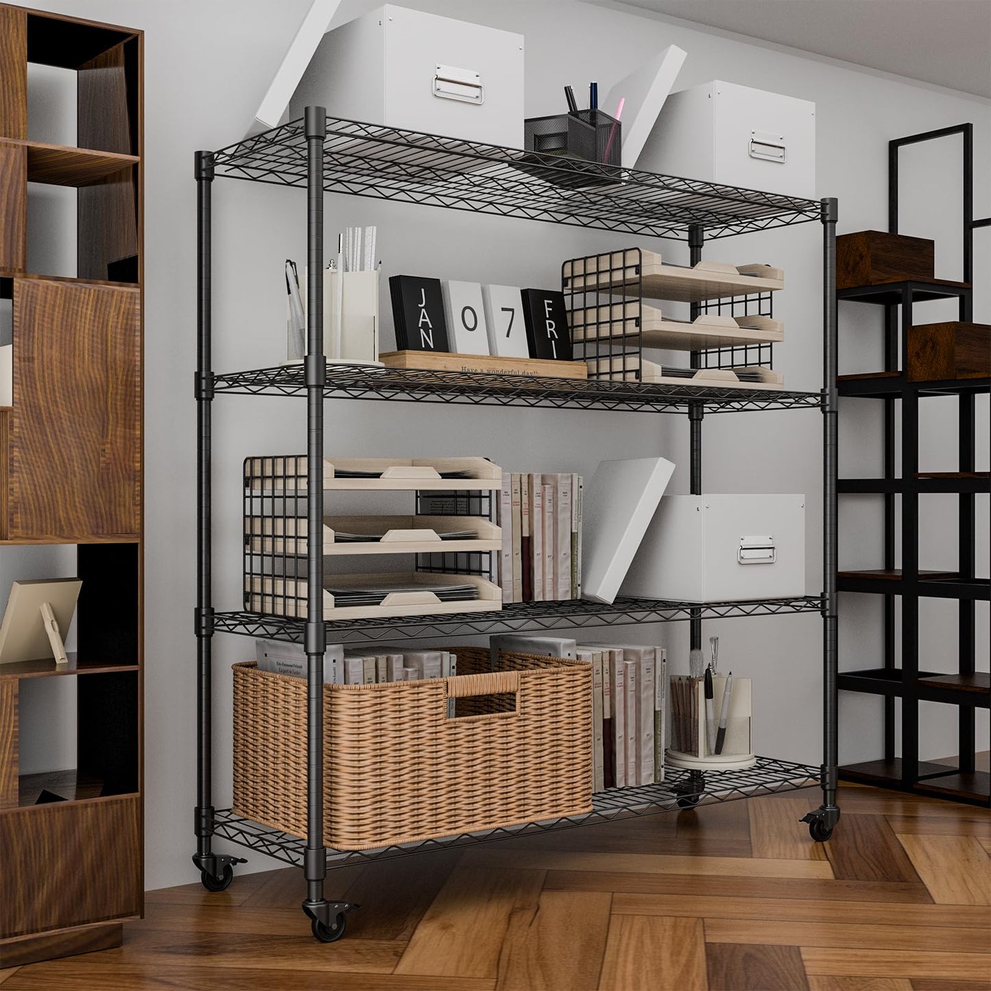 NULTRUMA Storage Shelves, Heavy Duty 4 Tier Storage Metal Shelves with Wheels, 2500LBS Capacity Adjustable Metal Wire Shelving Unit for Garage, Pantry, Kitchen, Closet, Commercial & Industrial Use