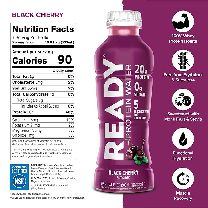 Ready® Protein Water ??20g Whey Protein Isolate, Zero Sugar, Low-Calorie Sports Drink for Hydration & Recovery ??Electrolytes, Essential Amino Acids ??Black Cherry, 16.9 fl oz Bottles (12-Pack)