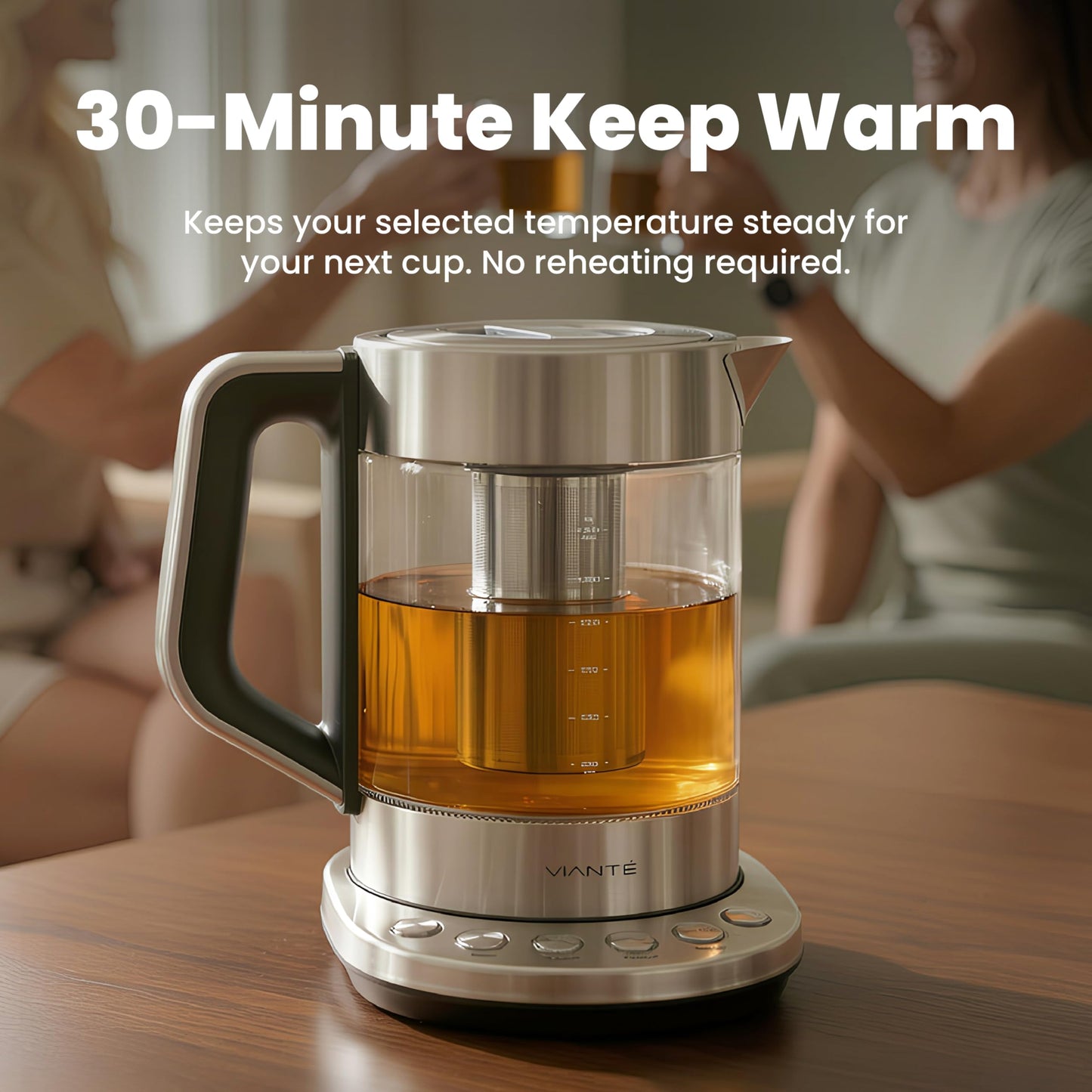 Viante Alba Electric Tea Kettle with Infuser, No Plastic In Contact With Water, 1.5L Borosilicate Glass, 304 Stainless Steel, 4 Temperature Presets, Keep Warm, Cordless, Auto Shut-Off