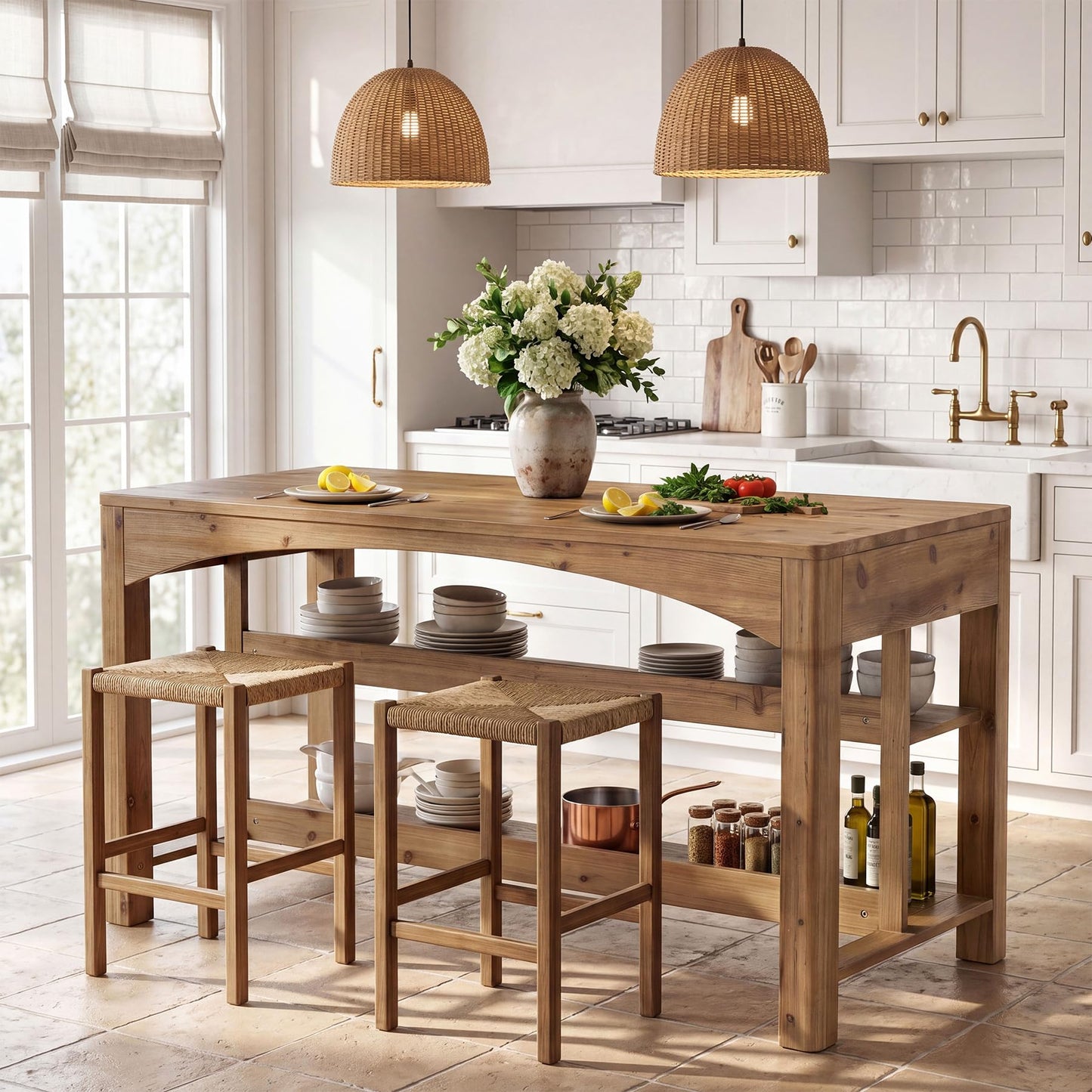 TRIBEWOOOD 59 Inches Kitchen Island with Storage, 3-Tier Solid Wood Stationary Island Table with Open Shelves, Large Prep Table for Kitchen Dining Room, Rustic Brown