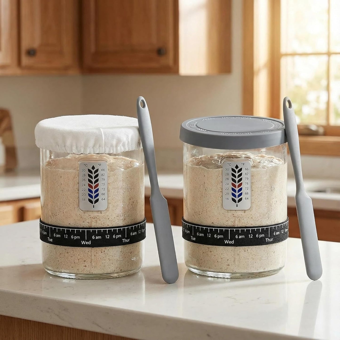 Skiennix Premium Pro Sourdough Starter Jar Kit - 40oz Wide Mouth Glass Container with Thermometer & Silicone Lid