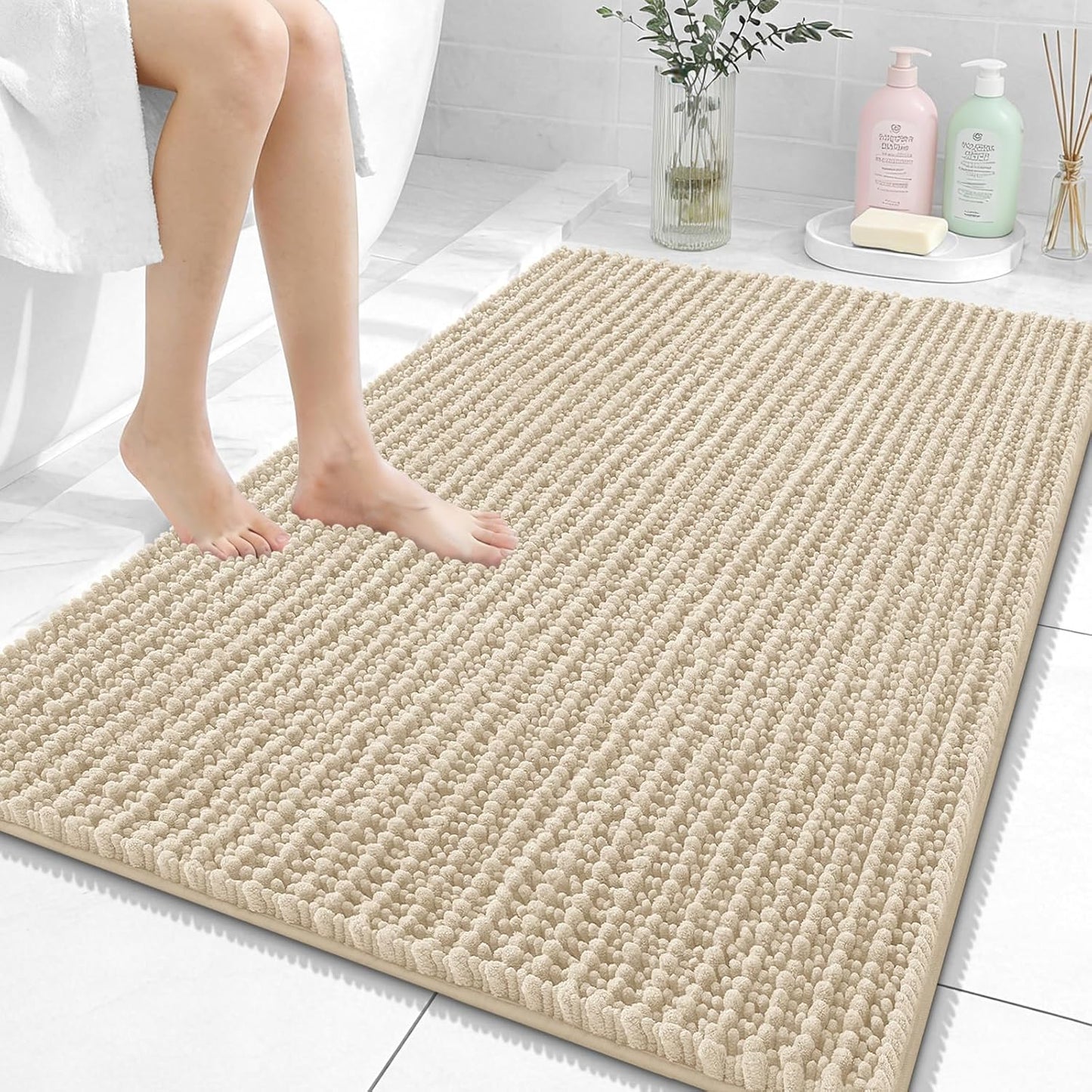 OLANLY Bathroom Rug Mat - Thick Soft Chenille Bath Mat with Non-Slip Backing | 40x32, Beige, Machine Washable