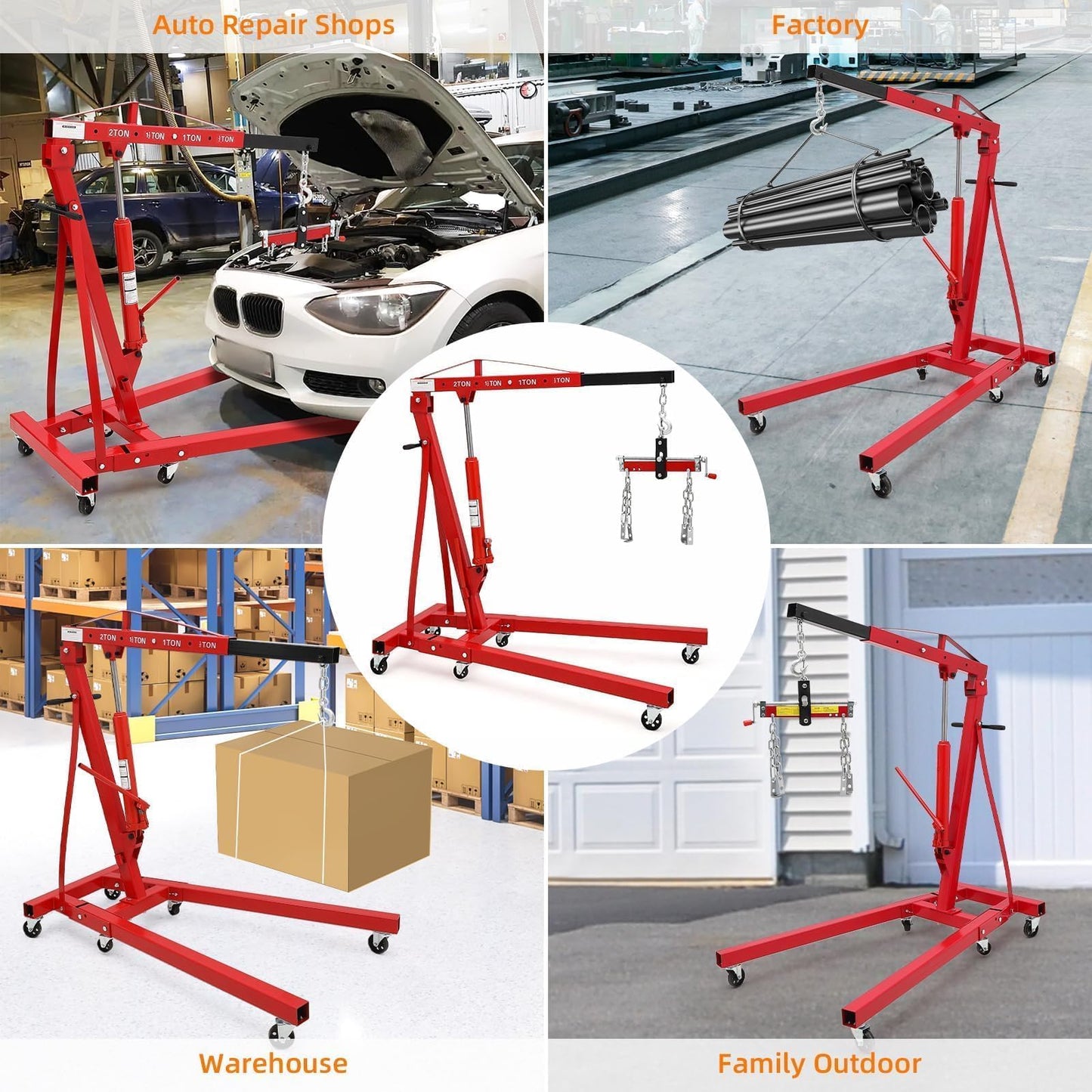 2-Ton Folding Hydraulic Engine Hoist - 4400 lb Heavy Duty Shop Crane with Adjustable Telescoping Boom, Load Leveler & 6 Swivel Caster Wheels, Red, for Garage and Automotive Use