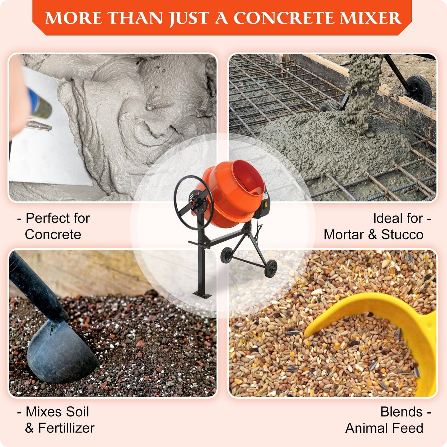 PulSpeed 5 Cubic Ft Concrete Cement Mixer with Wheel and Stand,Electric ConcreteMixer 0.75 HP 550W Adjustable Tilt, Portable Heavy Concrete Mud Mixer Toolsfor Mortar Stucco Seeds and Fodder