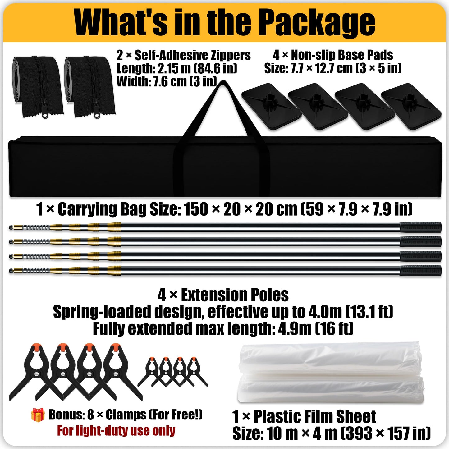 MAYOKEN® 13 16FT Dust Barrier Poles (4 Pack), Spring-Top Telescoping Poles for Construction & Renovation – Dust Containment System with Plastic Sheeting,2 self-Adhesive Zipper & Carry Bag