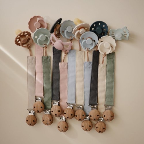 Mushie Linen Baby Pacifier Clip Holder - Soft Fabric Strap, 2-Pack in Olive & Shifting Sand
