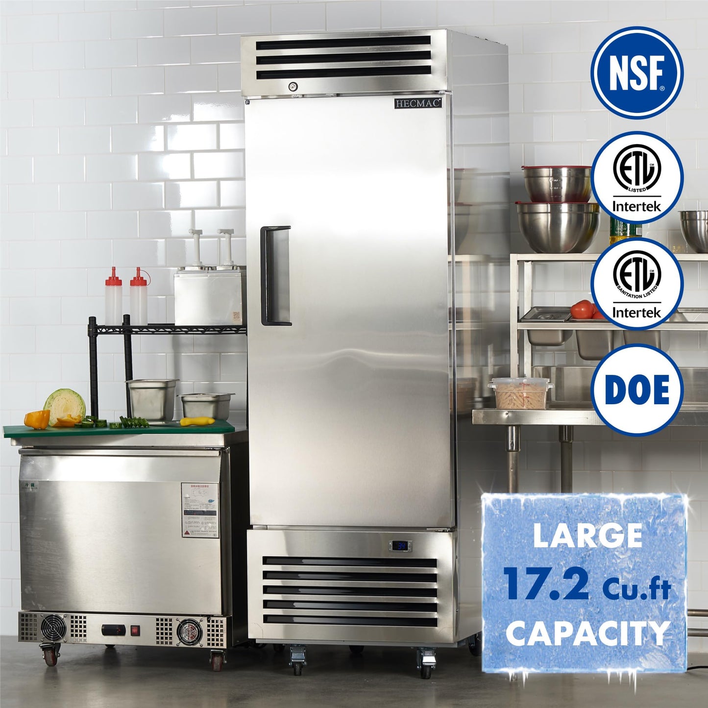HECMAC 27" Commercial Freezer, 23 Cu.ft Reach-In Upright Fridge with Solid Door, -8 to 0℉, 18-8 Stainless Steel Interior, 3 Shelves, ETL&NSF/ANSI 7 for Restaurant, Bar, Shop, Kitchen Use