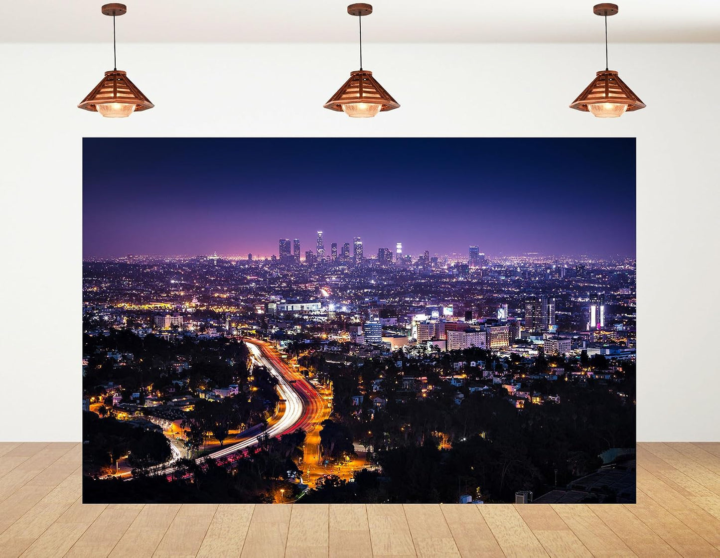 KeyWork 10x7ft Los Angeles Skyline Backdrop Purple Night Sky Light Trails City Lights Photography Background for Urban