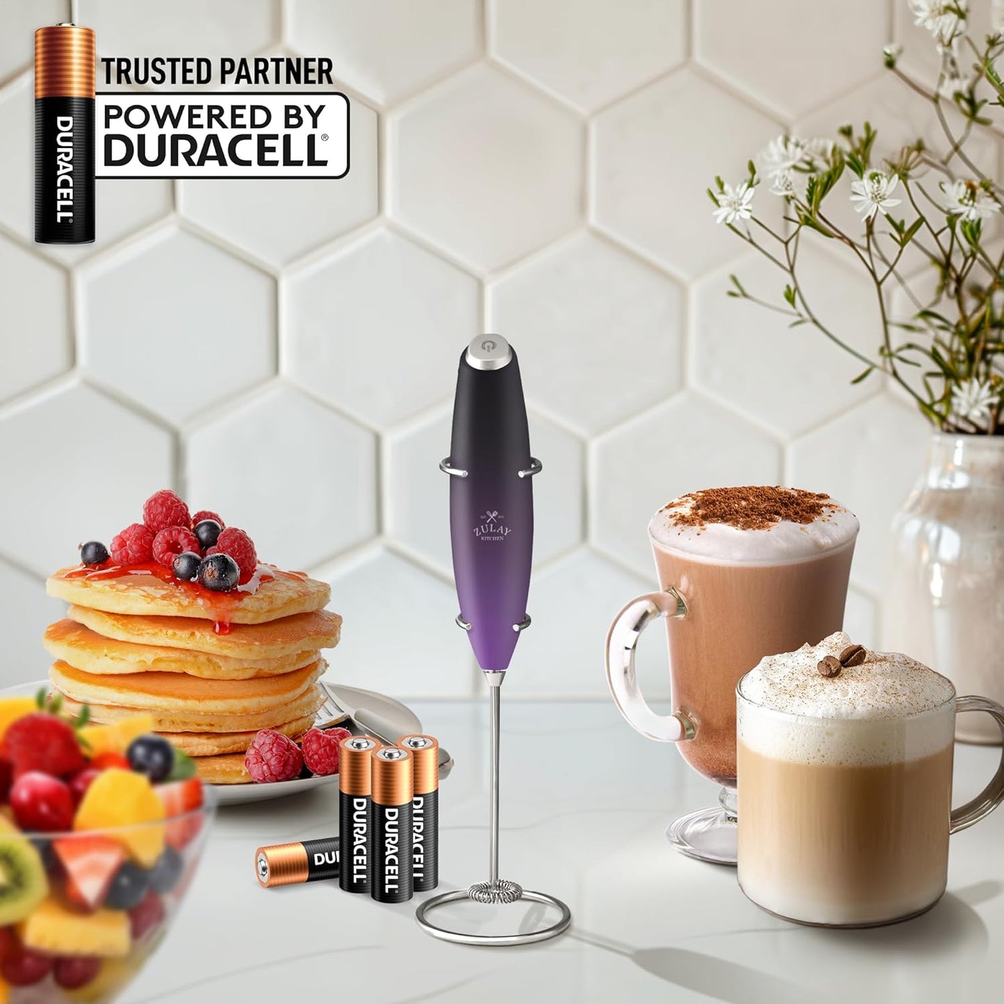 Zulay Kitchen Milk Frother Wand - Ultra-Fast Handheld Drink Mixer with 4 AA Duracell Batteries | Perfect for Coffee, Lattes, Cappuccino, Matcha & Creamer - Galaxy