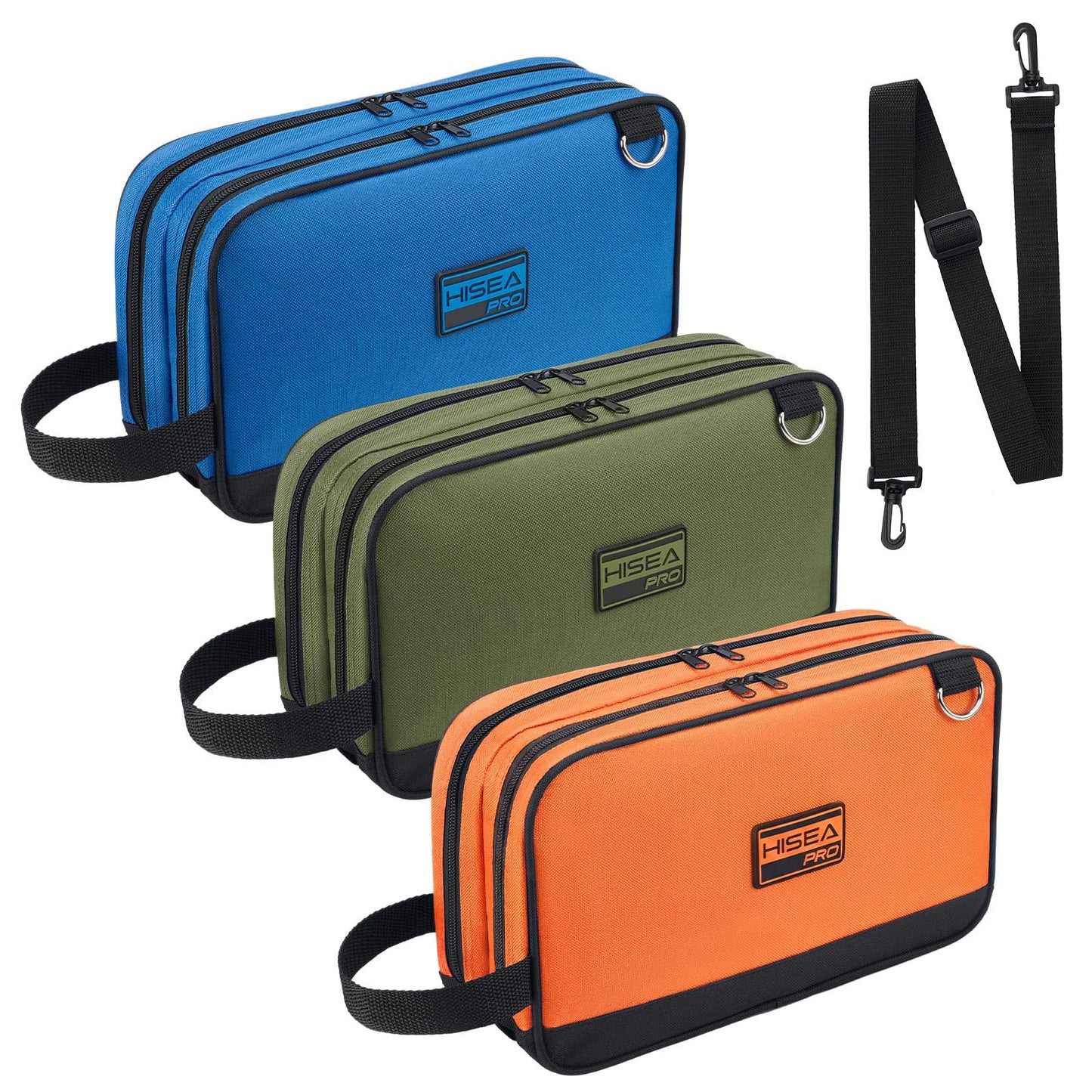 HISEA 3 Pack Small Tool Bag Set, 12 Inch Tools Pouch with 2 Pockets and Adjustable Shoulder Strap, Small Tool Organizer and Storage with Zipper for Electrican, Travel, Green Orange Blue