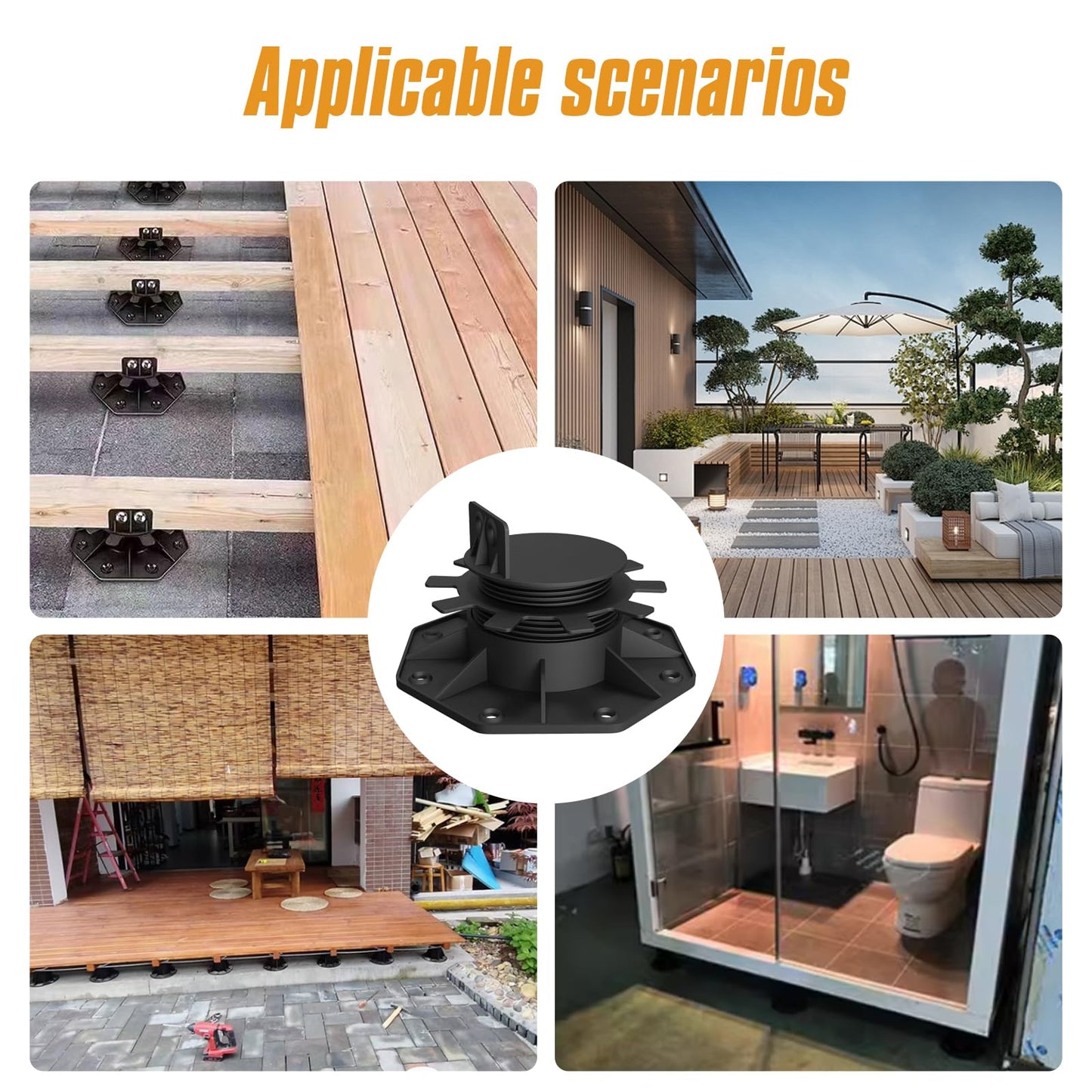 Deckit 24-Pack Adjustable Deck Support Pedestals, 1.18"–2.36" (30–60 mm), for 2×4 & 2×6 Joist Framing, Ground Support & Leveling for Patio, Shed Base & Floating Deck, Includes Joist Tape