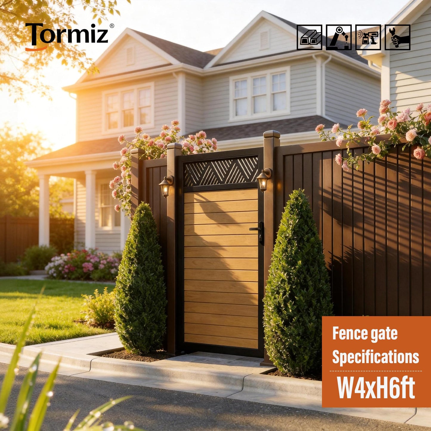 TORMIZ 4x6 FT (46.8"x70.8") All-Aluminum Fence Gate Kit with Wood-Grain Panels – Heavy Duty Anti-Sag Metal Gate Frame, Pre-Installed Left/Right Mount (All-in-One Kit, Panels Included)