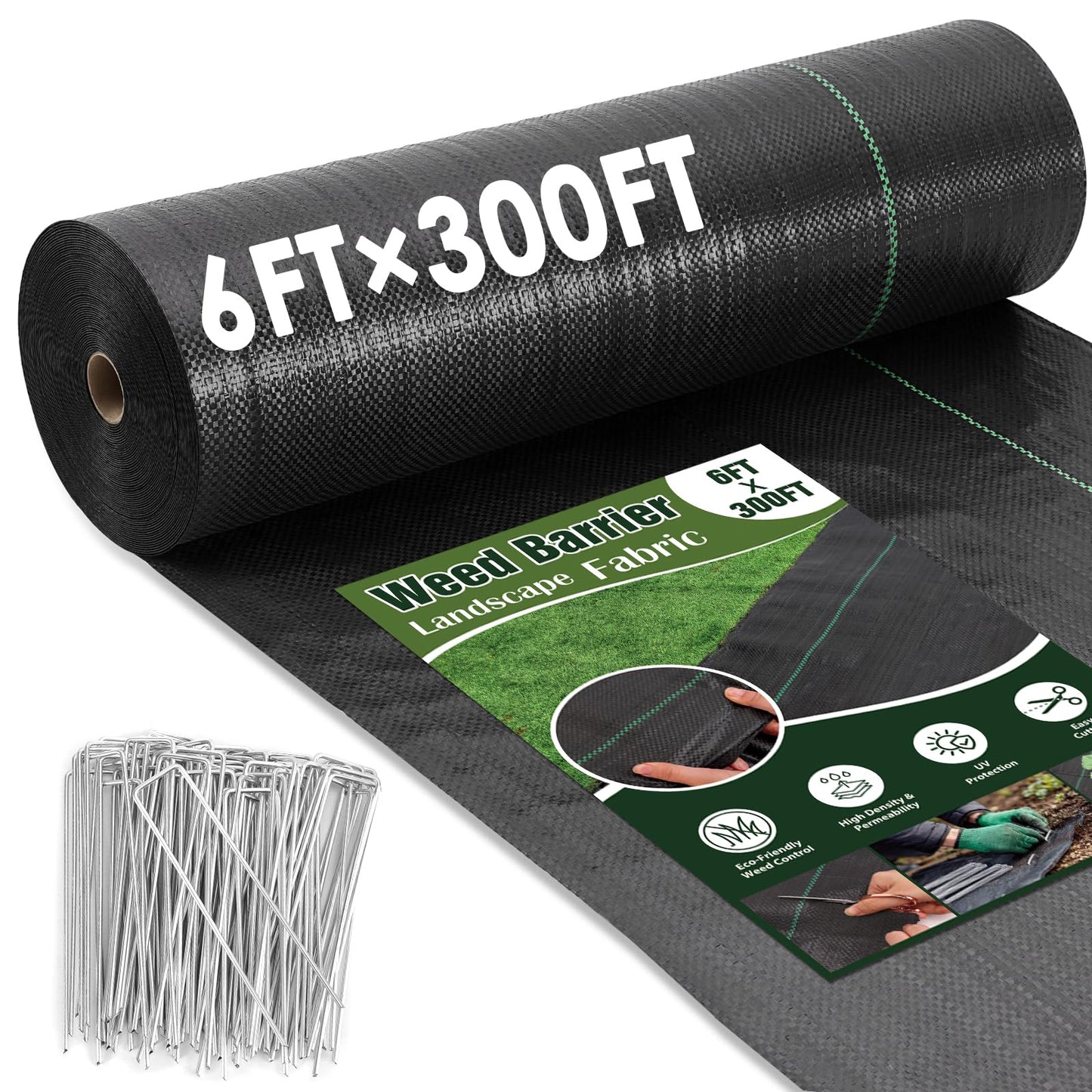HongWay 6FT x 300FT Weed Barrier Landscape Fabric Heavy Duty, Woven Geotextile Weed Blocker Fabric with 120 U-Shaped Securing Pegs, Weed Control Mats Ground Cover for Garden Beds, Commercial Driveway