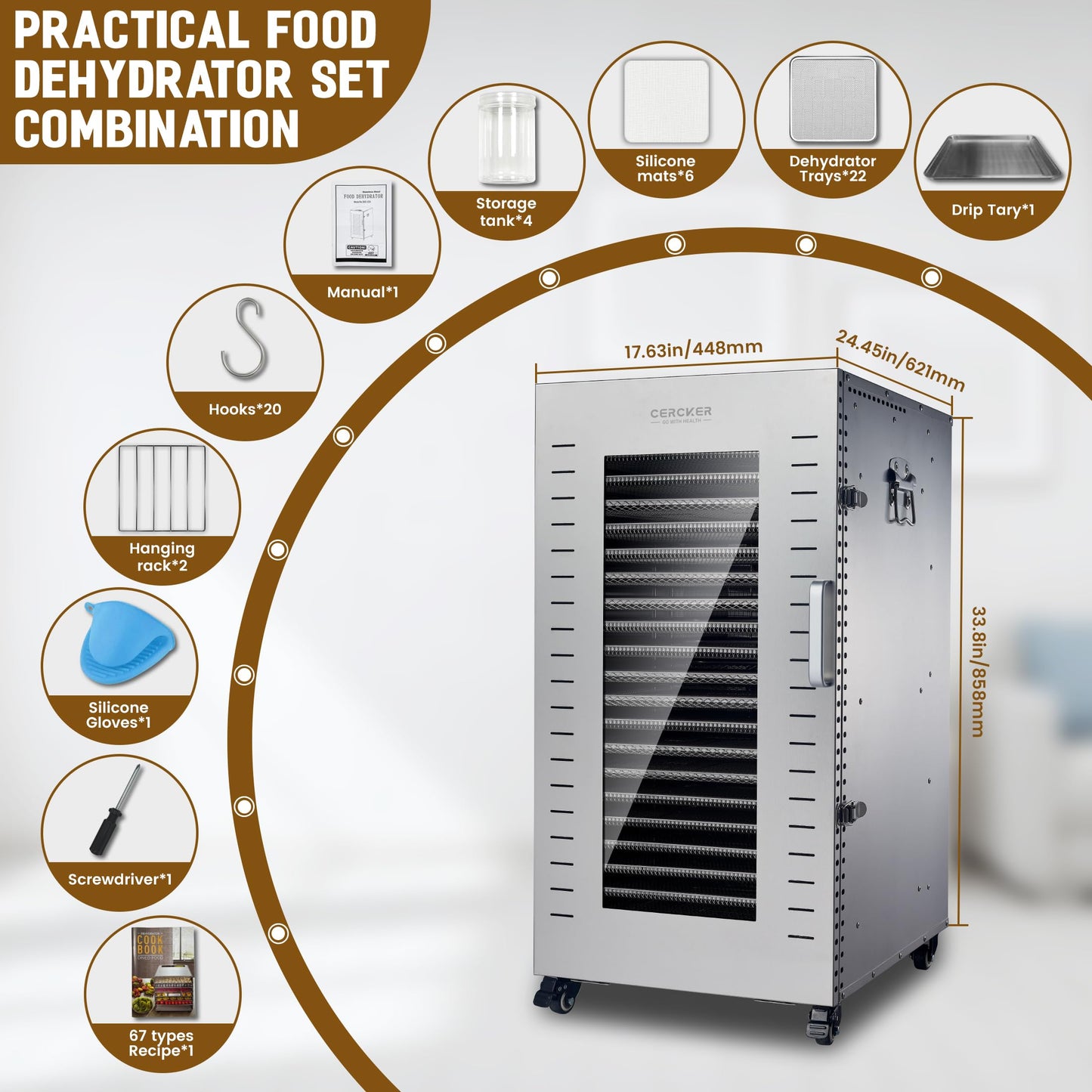 Cercker Commercial Food-Dehydrator Machine 22 Trays,Twin 110V Plugs Industrial-Dehydrator Commercial Meat Dryer 2500W Extra Large Capacity 37.5ft² Beef Jerky Maker, Food-Dryer Machine for Fruit