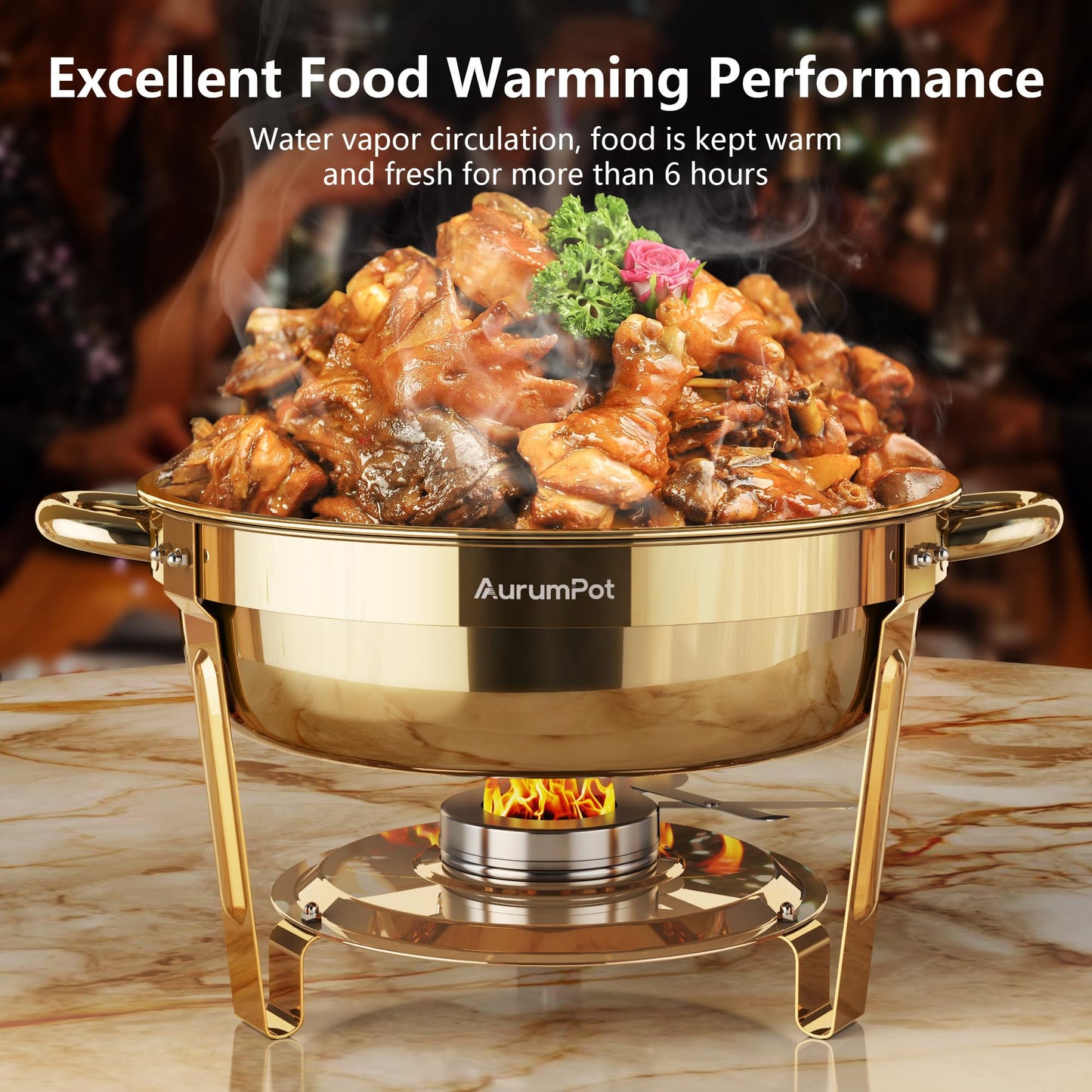 AurumPot Chafing Dishes for Buffet 4 Pack, 6QT Food Warmers for Parties Buffet, Christmas Gatherings [Elegant All-Gold Colors] Stainless Steel Round Chafing Dish Buffet Set,Buffet Servers and Warmers