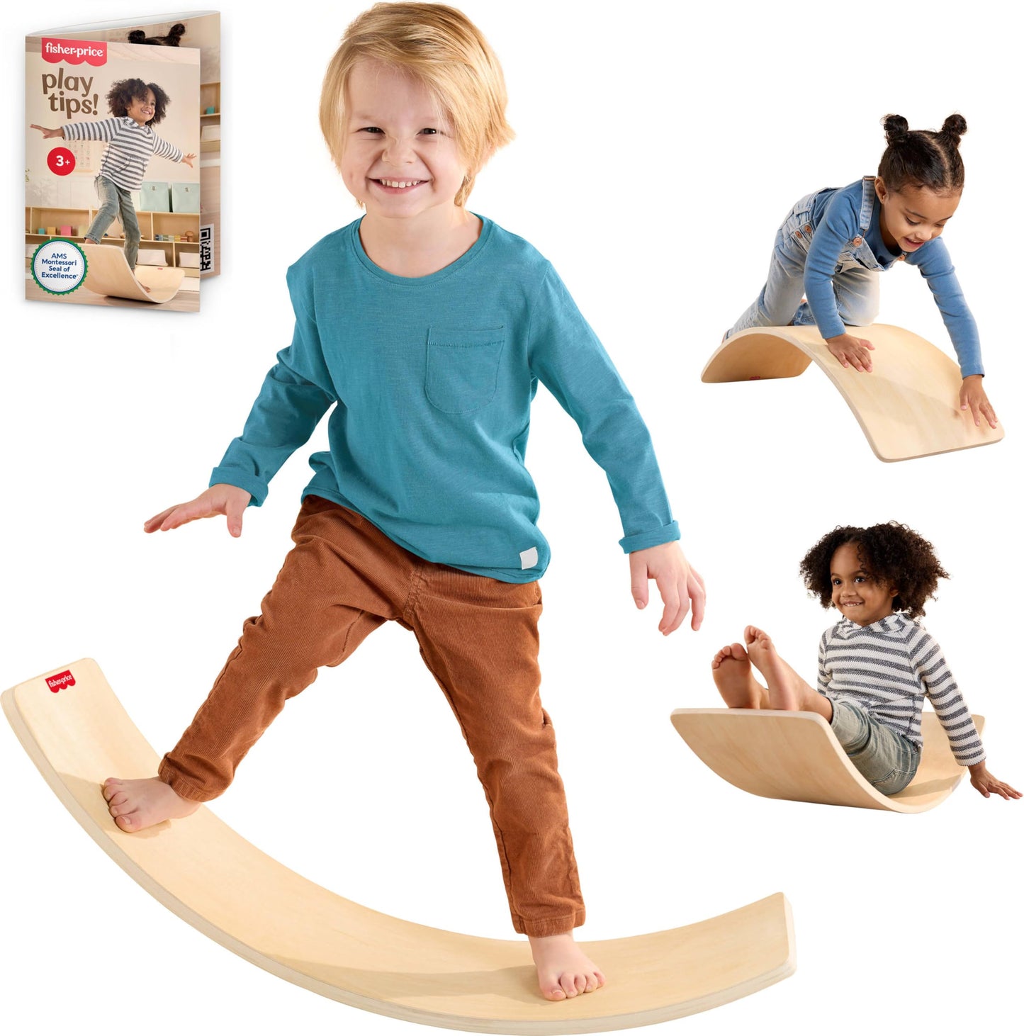 Fisher-Price Wood Montessori Toy Rockin' Balance Board, American Montessori Society Seal of Excellence, 31.7-Inch Wooden Motor Skills Learning Activity for Kids Ages 3+ Years (Amazon Exclusive)