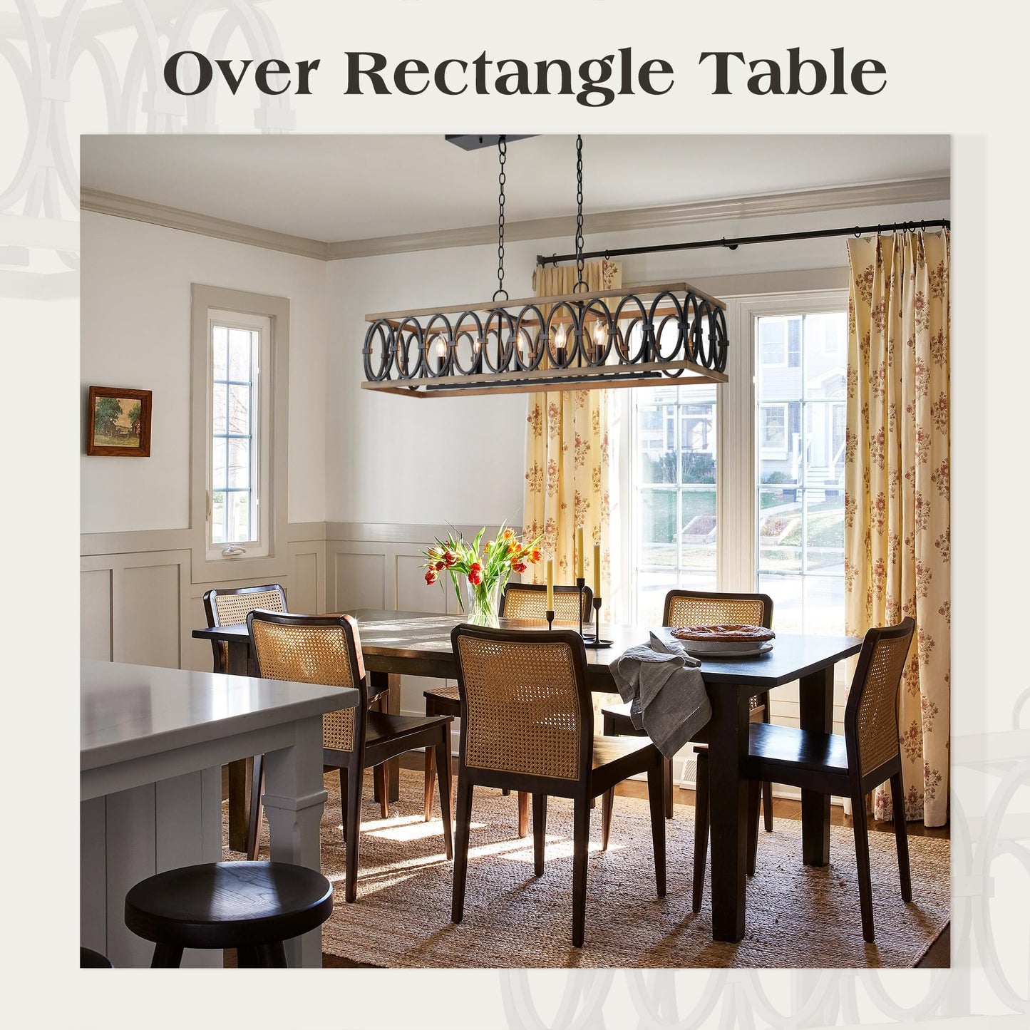 OSAIRUOS L39.4 Rustic Farmhouse Rectangle Chandelier for Dining Room Kitchen Island Lights Cage Pendant Light Fixture Black and Brown Metal Hanging Lighting Retro Vintage Linear Chandeliers 6-Light