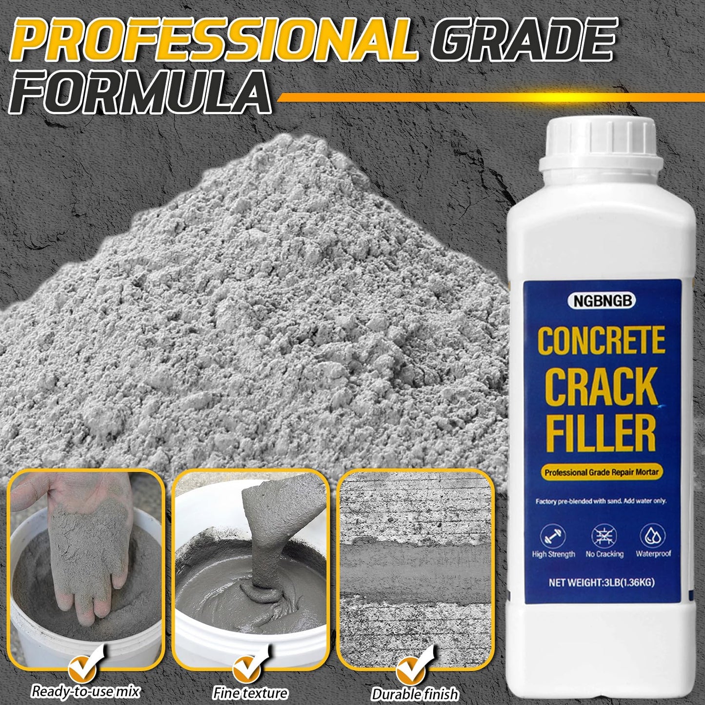 Concrete Crack Filler 3LB Gray - Heavy Duty Dry Granular Mortar Repair Kit for Driveways, Walkways & Patios - DIY Concrete Hole Filler with Quartz Sand, Includes Scraper, Brush & Gloves