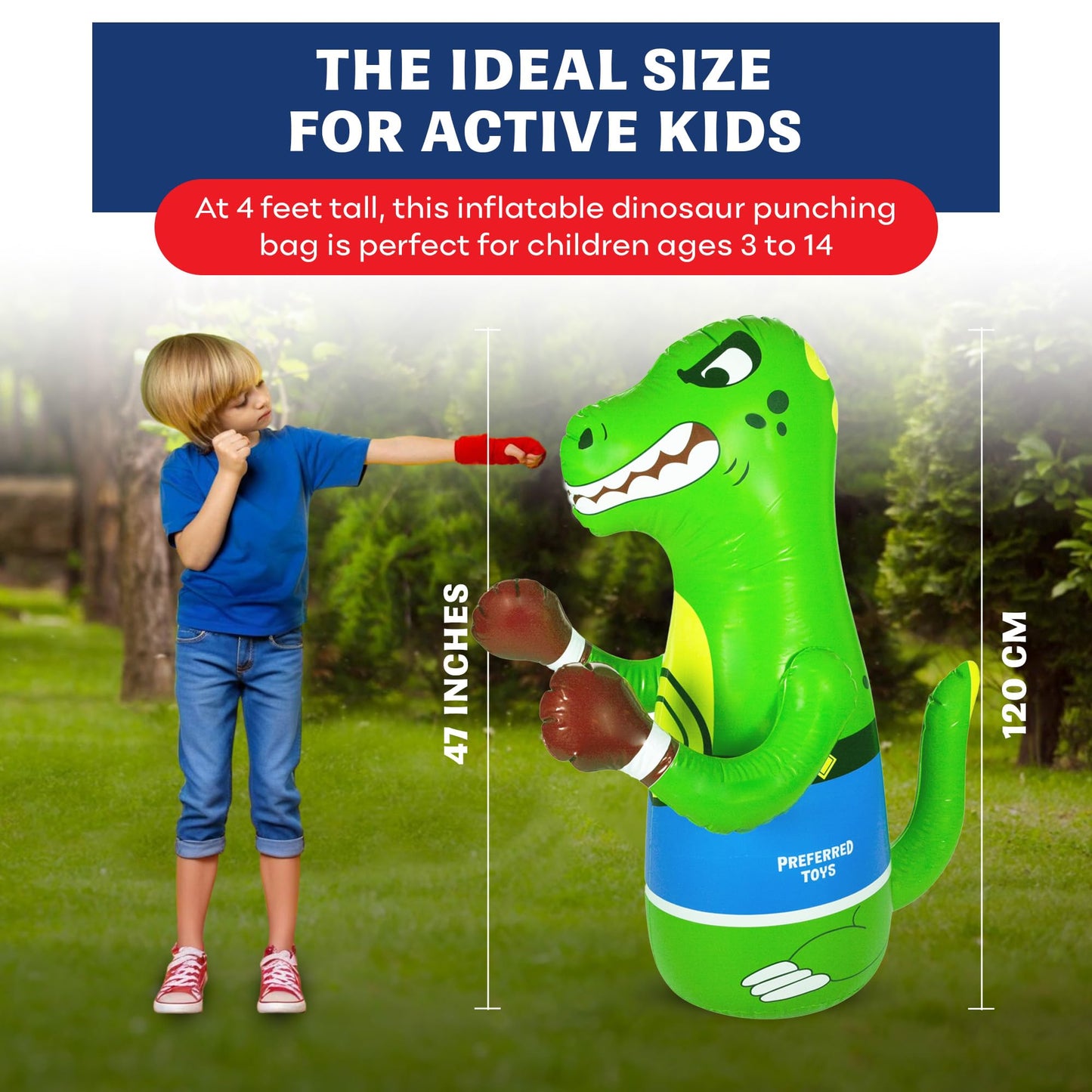 Preferred Toys 47" Inflatable Dinosaur Punching Bag for Kids - Durable Blow Up Kids Punching Bag with Bounce Back Base - Inflatable Indoor Outdoor Active Toddler Bop Play Toy - Green
