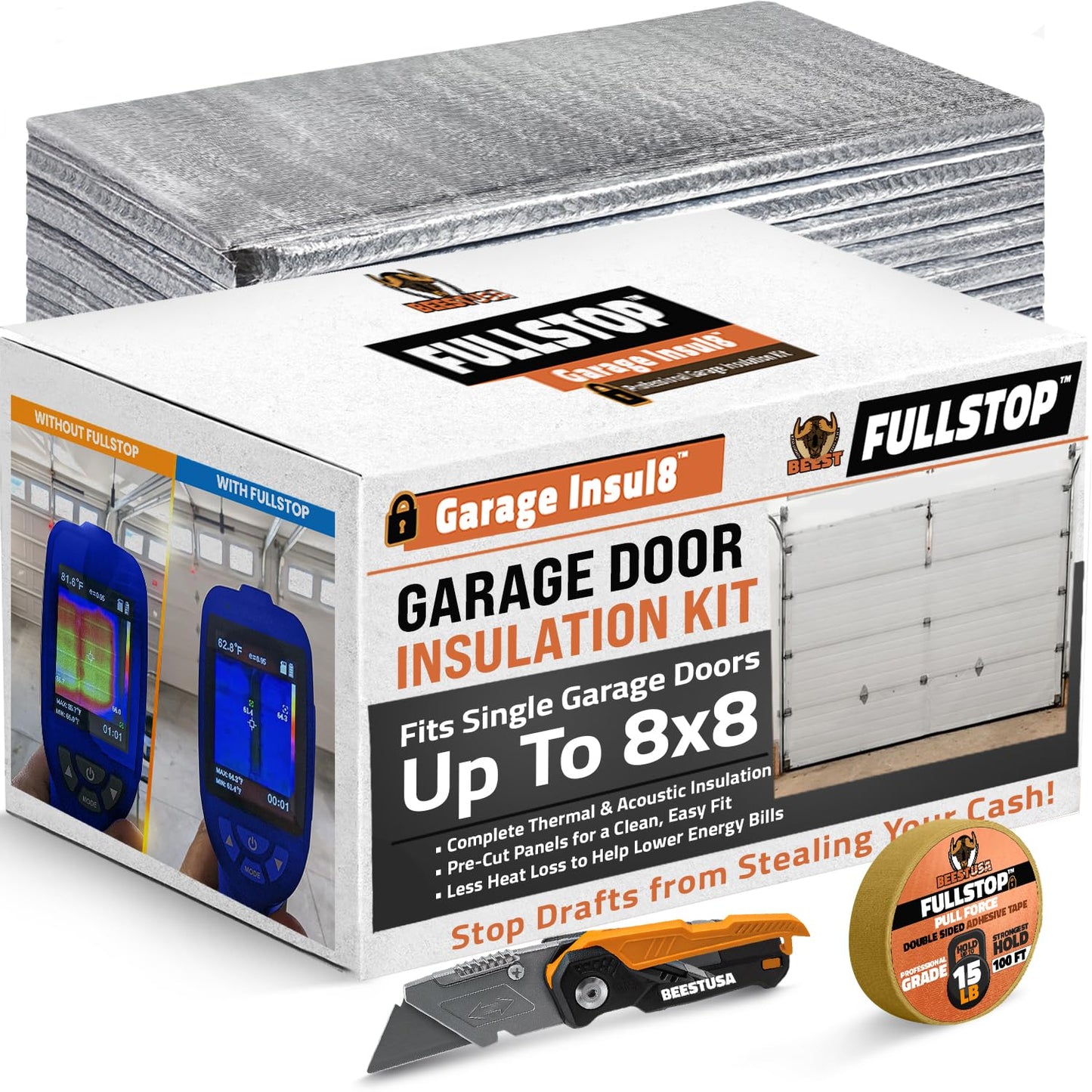 BEEST FULLSTOP Garage Door Insulation Kit - 8x8 & 8x7 ft Single Garage Door Insulation Panels - 8 Pre-Cut 24x48 Foam-Core Panels w/ Tape, Cutter & Squeegee - Easy DIY for Instant Temperature Control