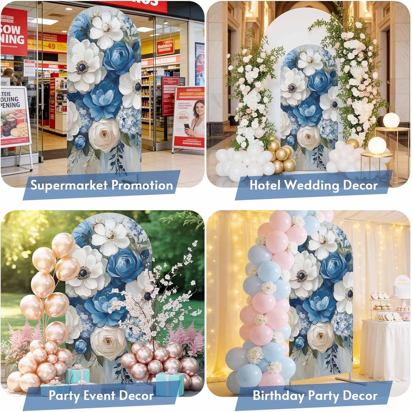 Jnbasdffb 7.2 Country Hydrangeas Flower Wedding Arch Cover,Stretchy Spandex Arch Backdrop Stand Covers FT,Blue White