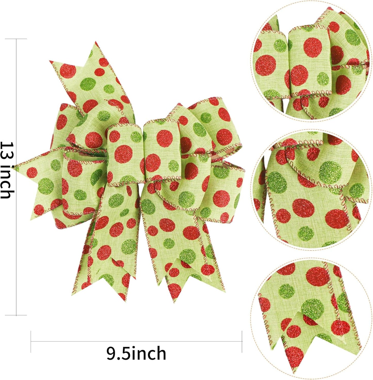 SIMISI Ribbon Christmas Bow - Rustic Green & Red Dots Burlap for Wreaths & Holiday Decor | 9.5 x 13 Inch