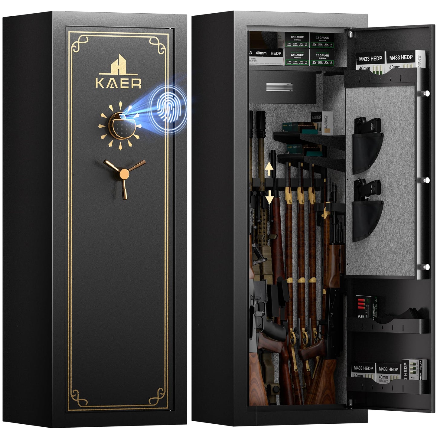 KAER 23-25 Biometric Gun Safe, Wider and Deeper Fingerprint Gun Safes for Rifle and Pistols, Large Quick Access Heavy-Duty Gun Cabinet for Firearm Ammo with Drawer & Gun Rack, Assembled