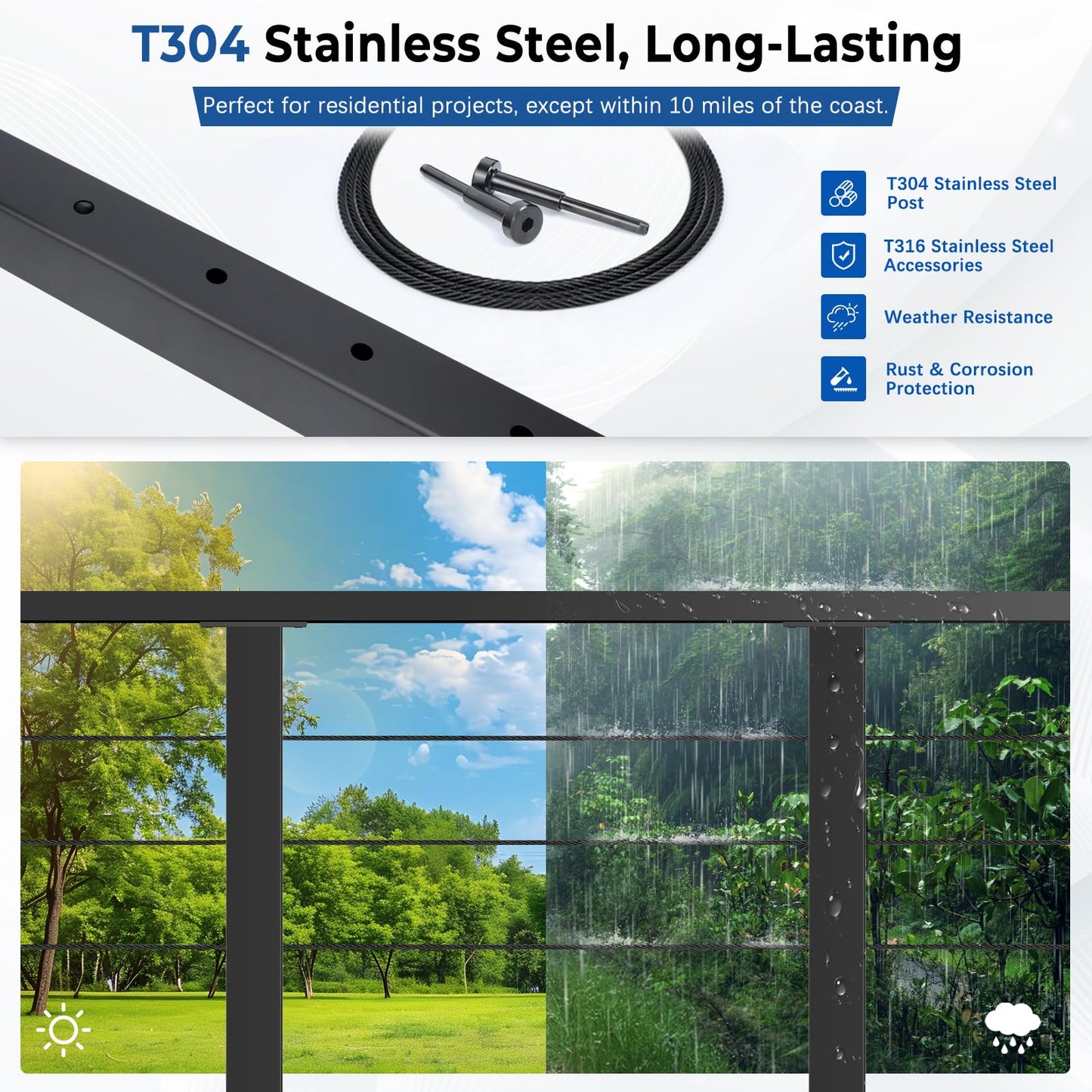 Zylorix 36" Modular 20-24FT Black T304 Cable Railing Post Kit, Complete Cable Railing System with 6 Level Posts & 259ft 1/8" Wire Rope(No Handrail), Adjustable Length Easy DIY for Decks/Porch