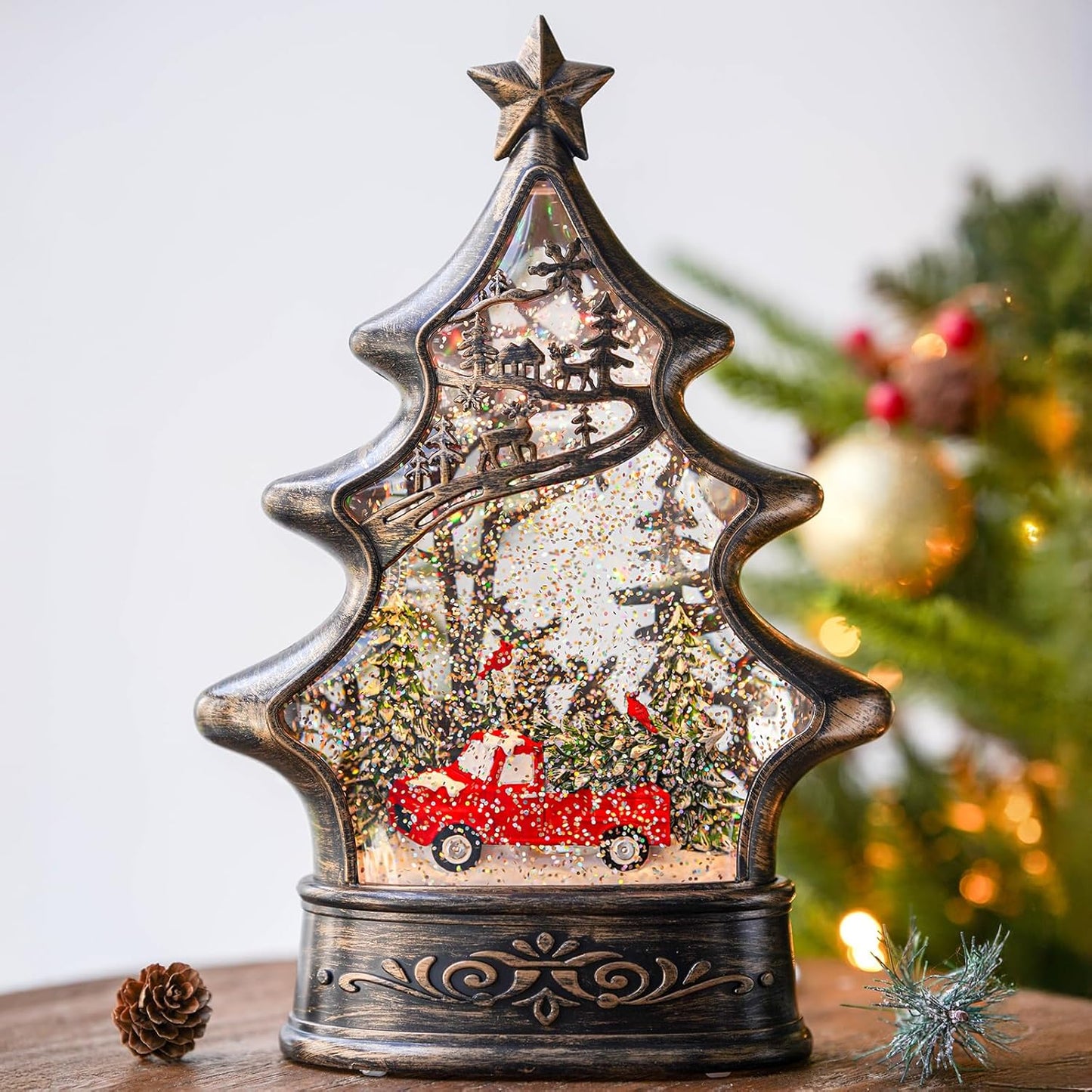 Regine Switzerland Snow Globe Lantern - Musical Lighted Christmas Tree with Red Truck - 11.5 Inch Holiday Decor