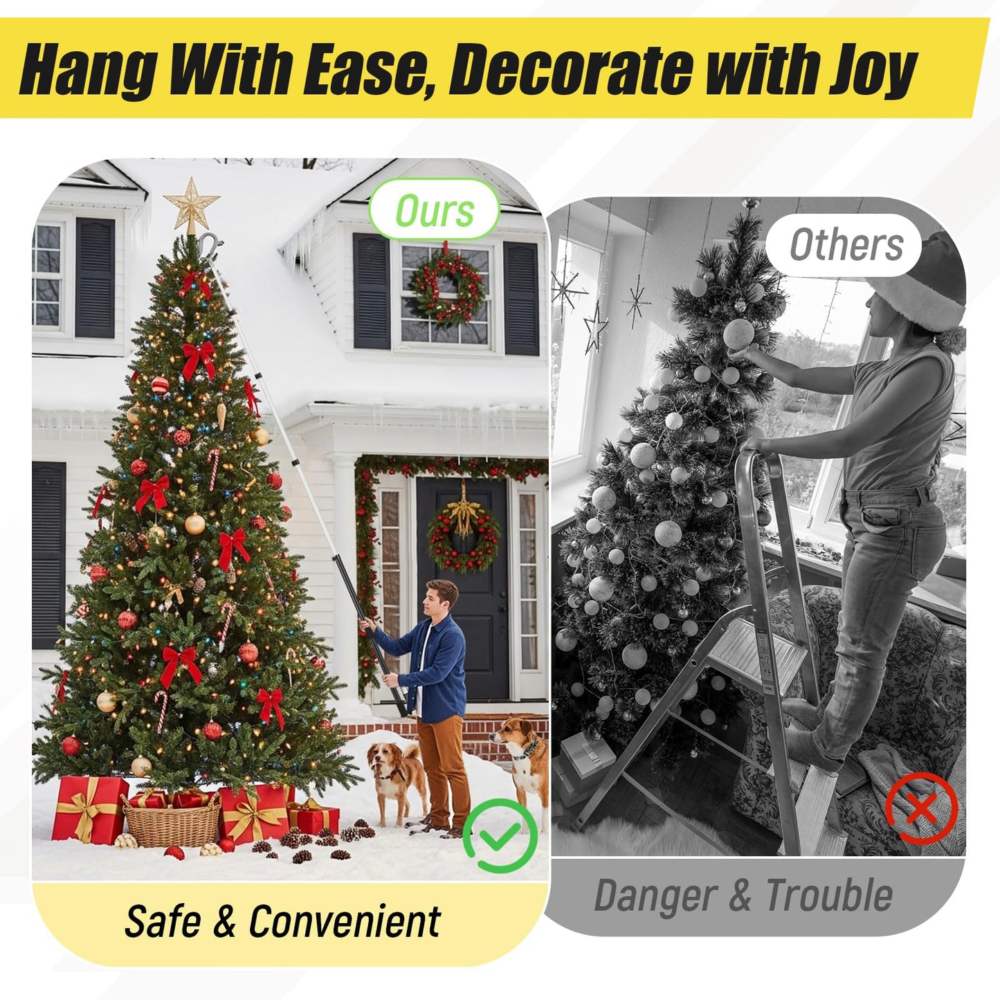 Leriton 7-30 ft Telescopic Extension Pole with Utility Hook, Multi-Purpose Aluminum Pole for Painting, Dusting and New Year Window Cleaning Christmas Lights Installation Without a Ladder (Black)