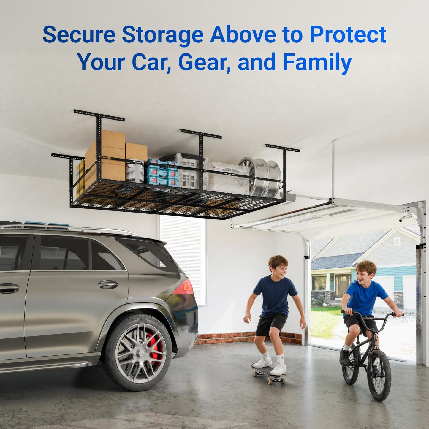 FLEXIMOUNTS 4x8 Overhead Garage Storage Rack with Safety Rails, Adjustable Ceiling Storage System, Heavy Duty Metal Garage Shelf, 750 lbs Capacity, 22–40" Height, Black, Classic Series