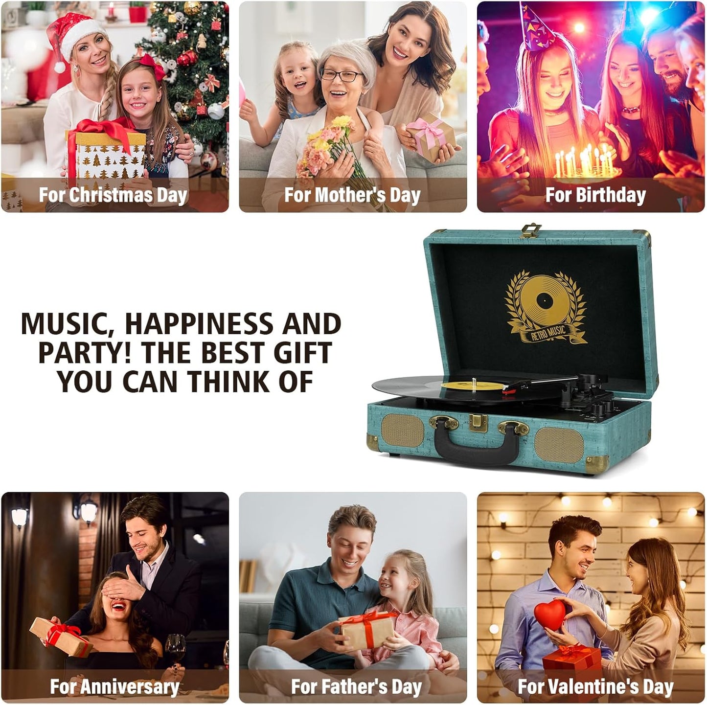 Mersoco 3-Speed 3.5mm MP3, Vinyl Record Player Bluetooth Suitcase Portable Belt-Driven, Supports Bluetooth, RCA Output
