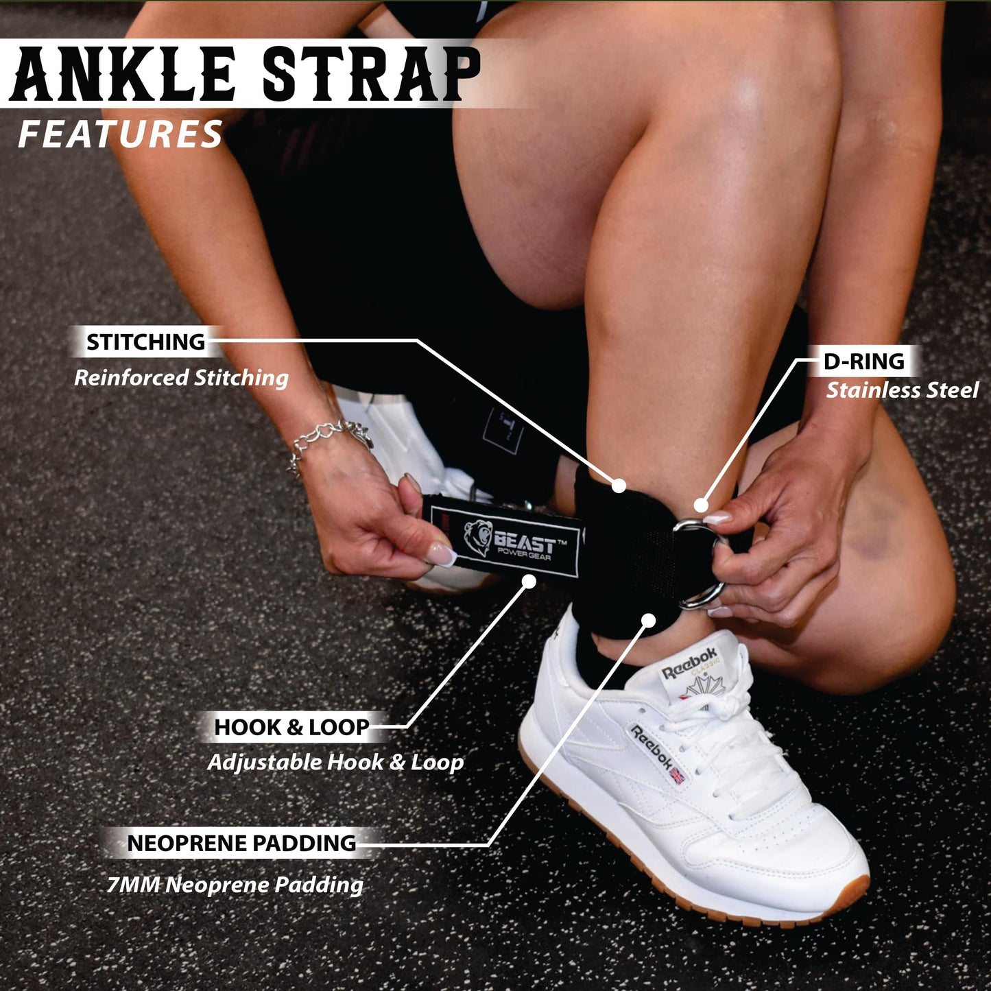 Beastpowergear Padded Ankle Strap for Cable Machine, Kickbacks, Glutes, Abs and Hip Workouts, Leg Extensions Adjustable Ankle Strap for Men Women (Black Pair)