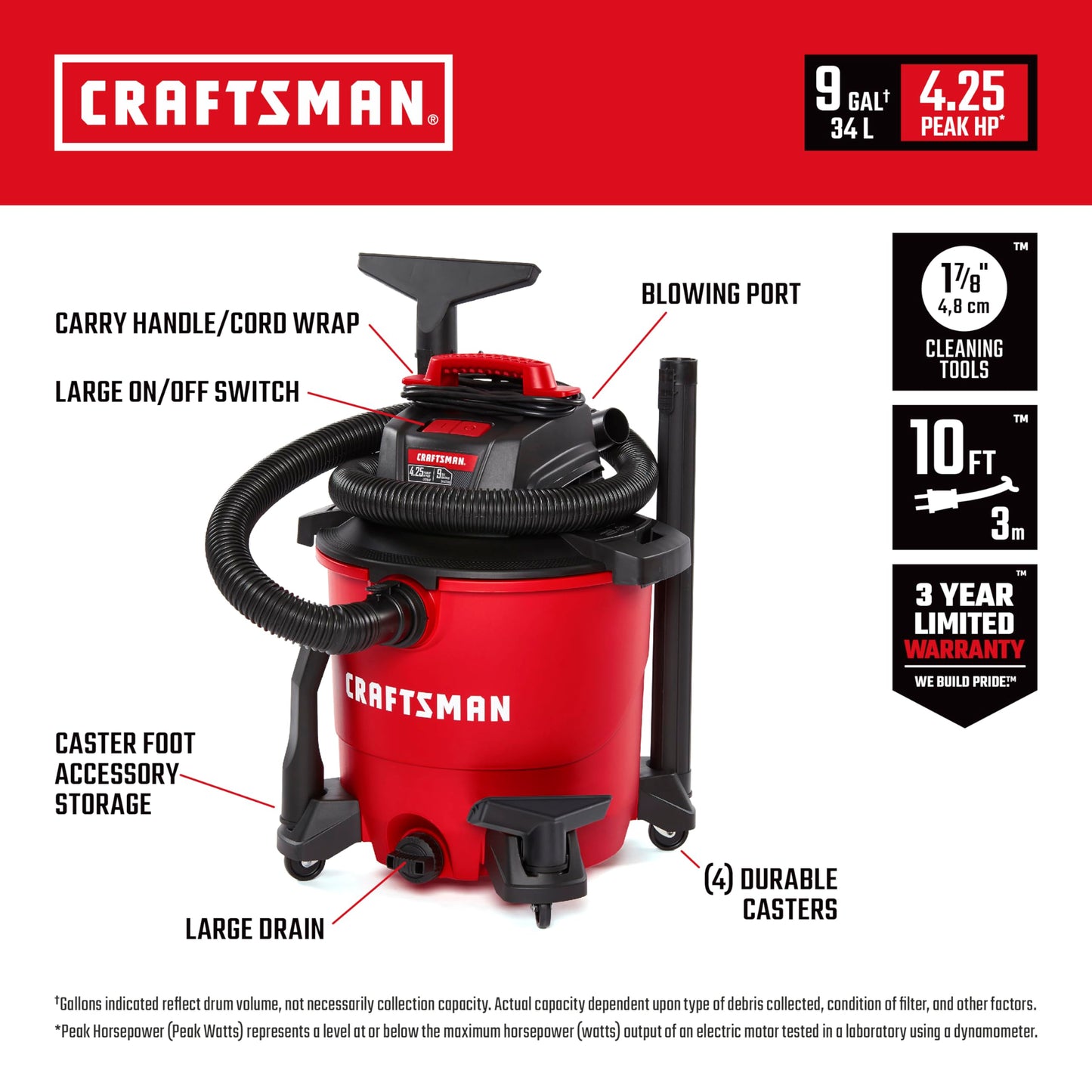 CRAFTSMAN CMXEVBE17590 9 Gallon 4.25 Peak HP Wet Dry Vacuum with Filter, Dust Bag, Hose, Attachments and CRAFTSMAN CMXEVBE17678 1.75 Peak HP Wet Dry Vac Powerhead with Filter Bag and Hose