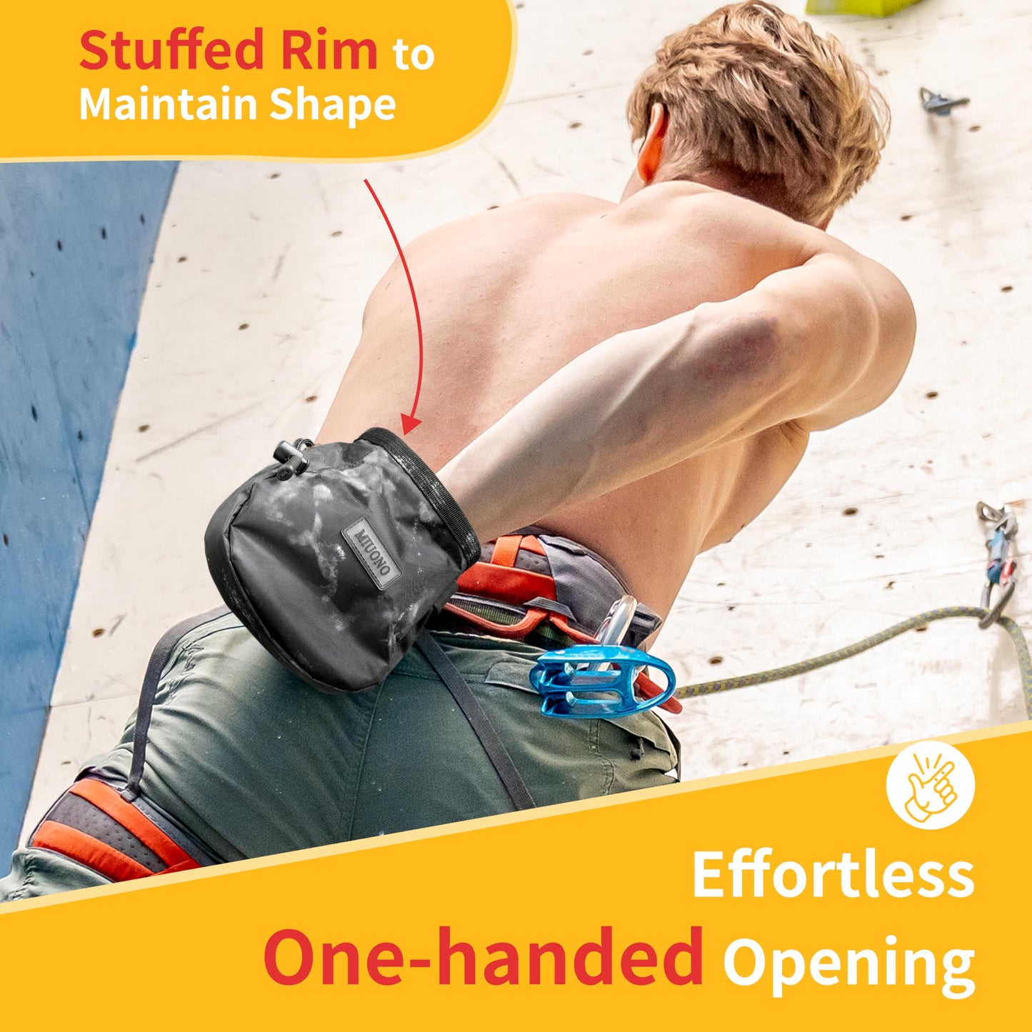 MIUONO Chalk Bag with 2 Chalk Balls, Belt, Carabiner Clip, Brush Loop and Zippered Pocket for Climbing, Bouldering, Gymnastics, Cross Fit and Lifting