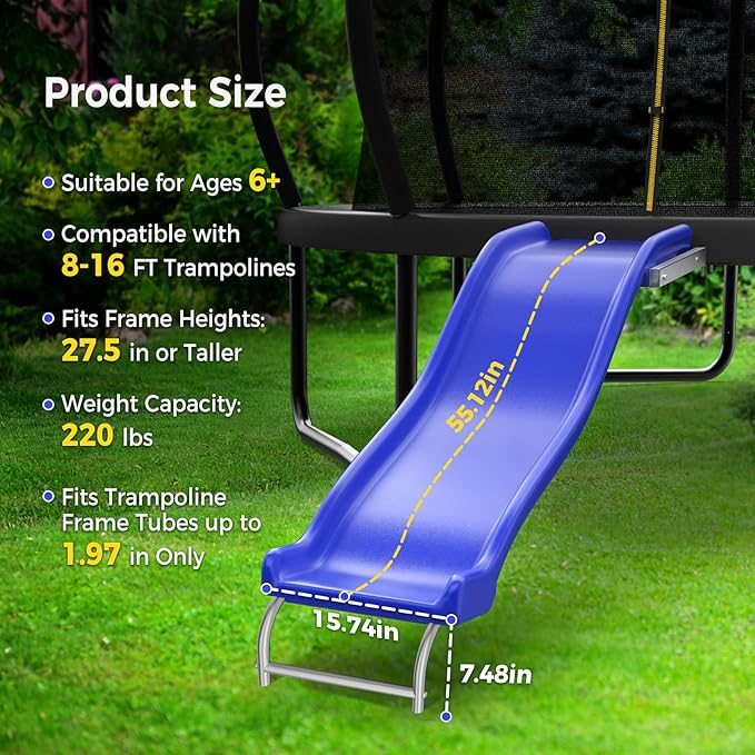 Heavy Duty Plastic Trampoline Slide with Support Frame for 8-16FT, Outdoor Plastic Slide for Trampoline, Adjustable Safer Trampoline Ladder for Kids 6+, 220 LBs Capacity, Blue