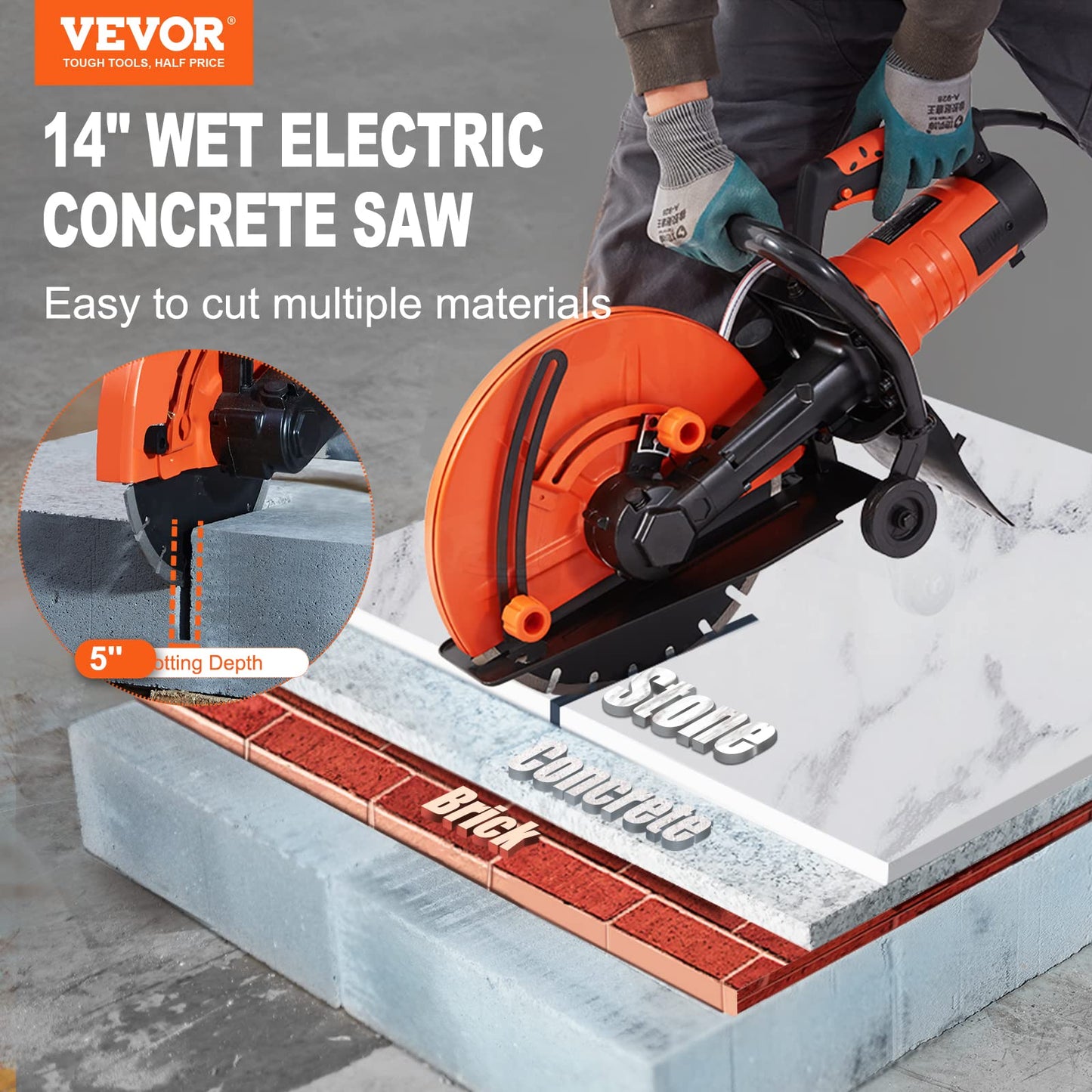 VEVOR Electric Concrete Saw, 14 in Circular Saw Cutter with 5 in Cutting Depth, Wet/Dry Disk & Demolition Jack Hammer, 3500W Jack Hammer Concrete Breaker 1900 BPM Heavy Duty Electric Jack