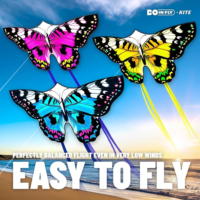 Butterflys for Kids, Beautiful Kite Easy to Fly for Beginners with 328 ft Line & Line Winder (1m-Tiger Spotted Butterfly-(Yellow+ Blue + Pink), 3)