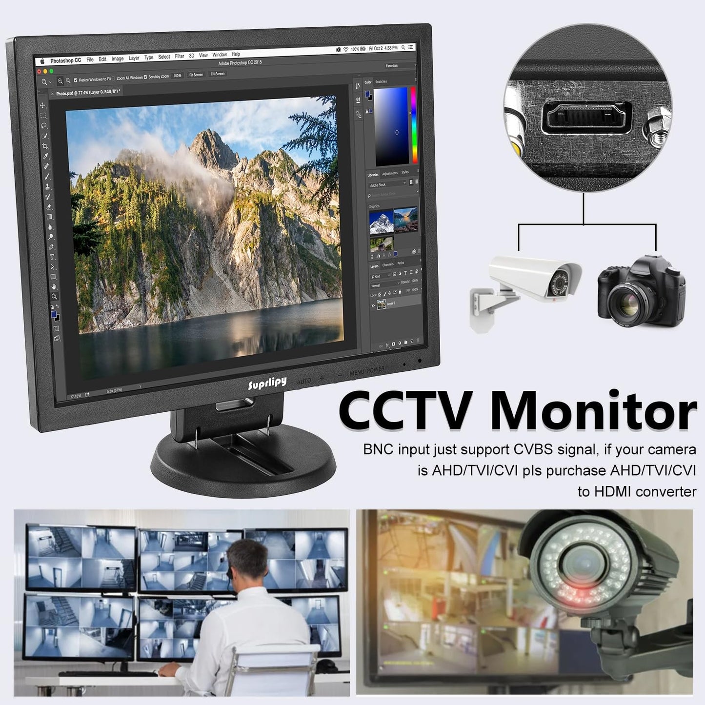 Suprlipy 14 Inch TFT LCD Security CCTV Monitor 1024x768 4:3 Resolution Color Display Screen with HDMI/VGA/BNC/AV Earphone Input Built-in Dual Speakers for Surveillance Camera DVR PC