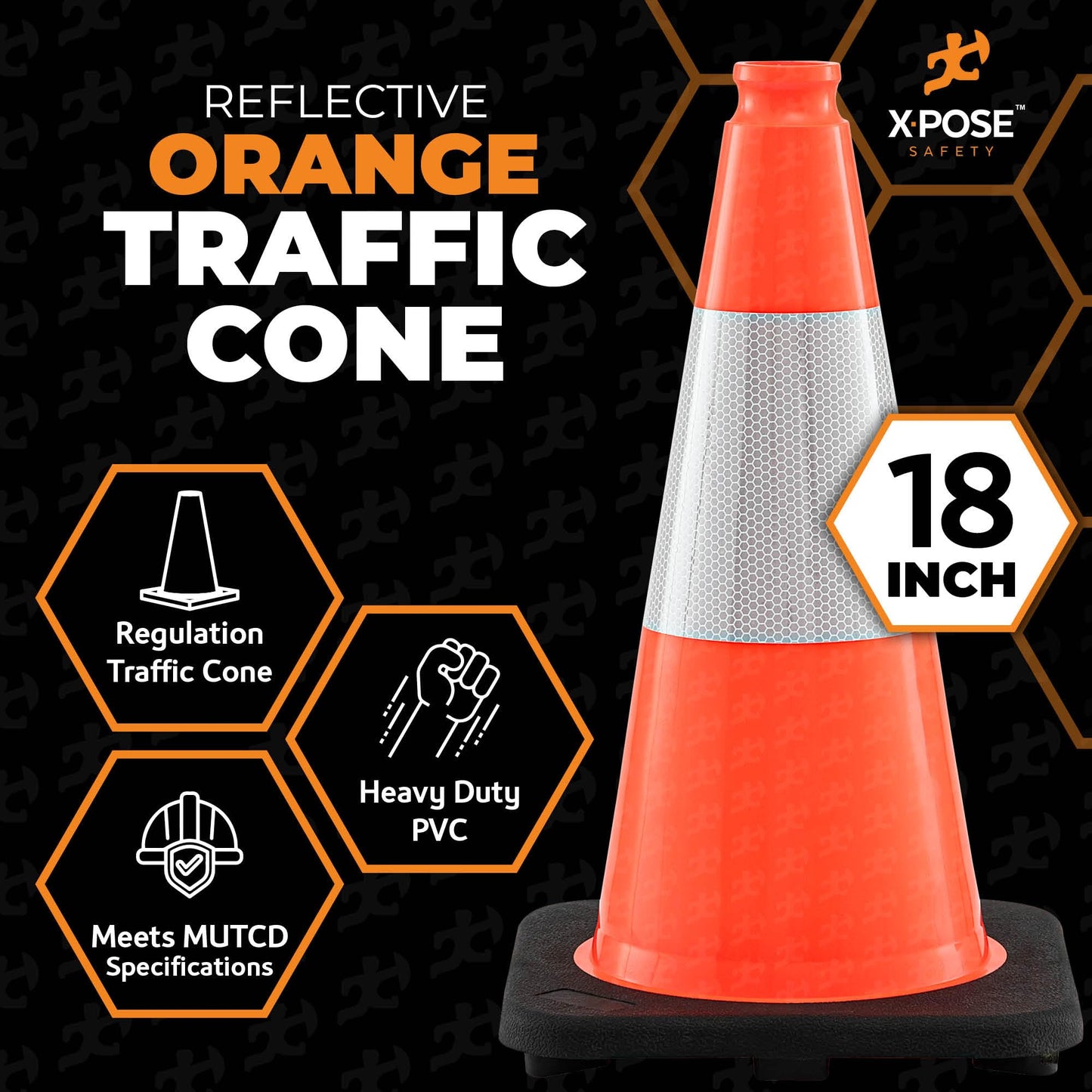 Xpose Safety 18 Inch Orange Traffic Cones with 6" Collar - 12 Pack Multipurpose PVC Plastic Safety Cone for Parking, Soccer, Caution, Kids and Construction - DOT Approved