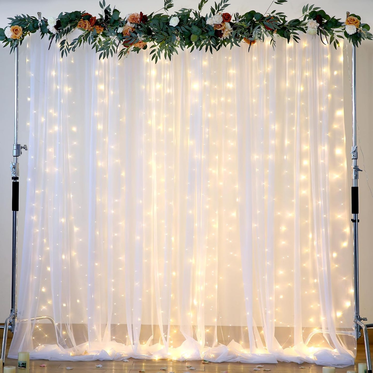 Suppromo 108ft Decorations(2 10ft8ft) White Tulle Backdrop Curtain with Lights String for Parites Sheer Backdrop