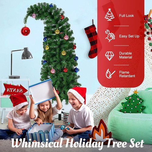Hatisan 6FT Artificial Christmas Tree - Bent Green Design with Ball Ornaments & Metal Base for Holiday Decor