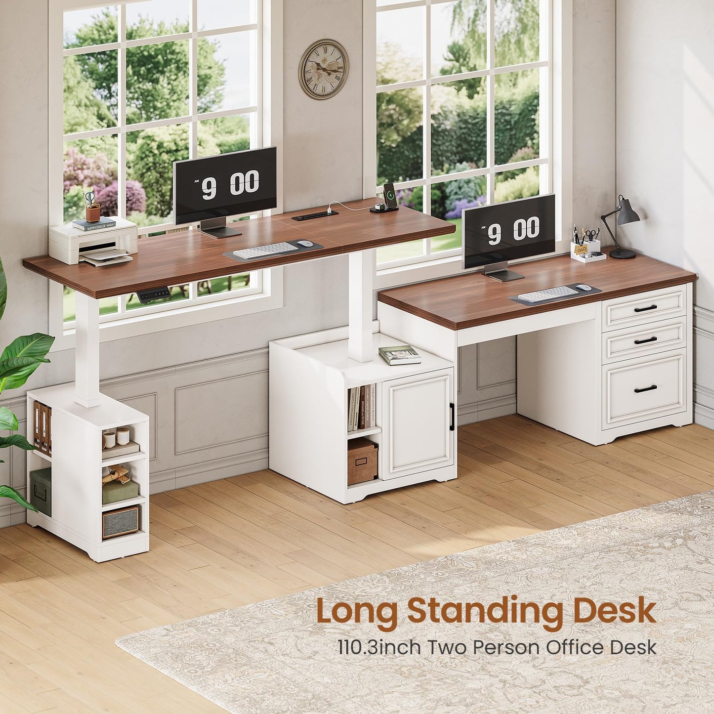 SEDETA Farmhouse L Shaped Electric Standing Desk, 63" x 67" Height Adjustable Home Office Executive Desk with Drawers, Standing Computer Desks with Power Outlet for Home Office, White+Brown