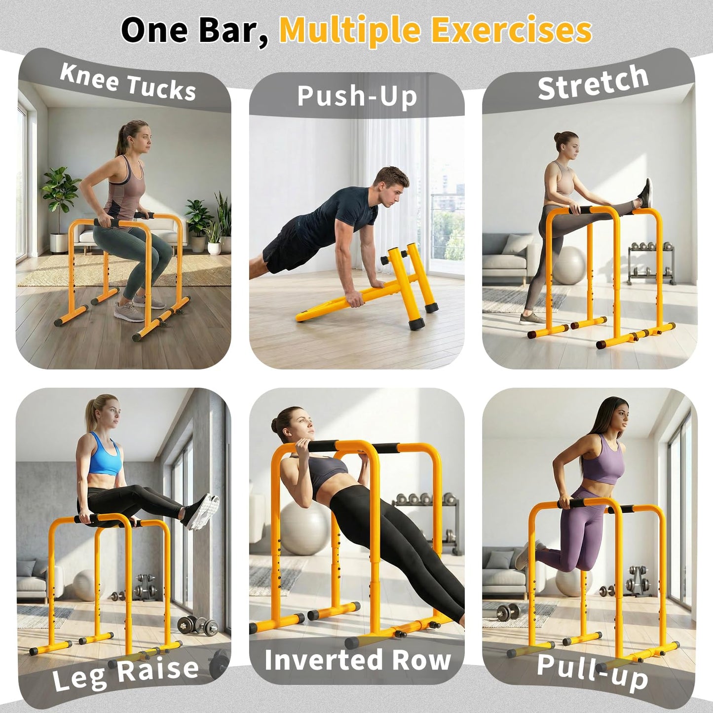 NEWBULIG Dip Bar Station, Adjustable Parallel Parallettes Bar with Soft High-Density Foam Handles, Heavy Duty Dip Stands Workout Equipment for Home, Gym, Patio, Office - Yellow
