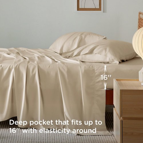 Bedsure Cooling Sheets - Twin Size, Breathable Rayon from Bamboo, Soft & Silky, Deep Pocket Up to 16 Inches, Beige