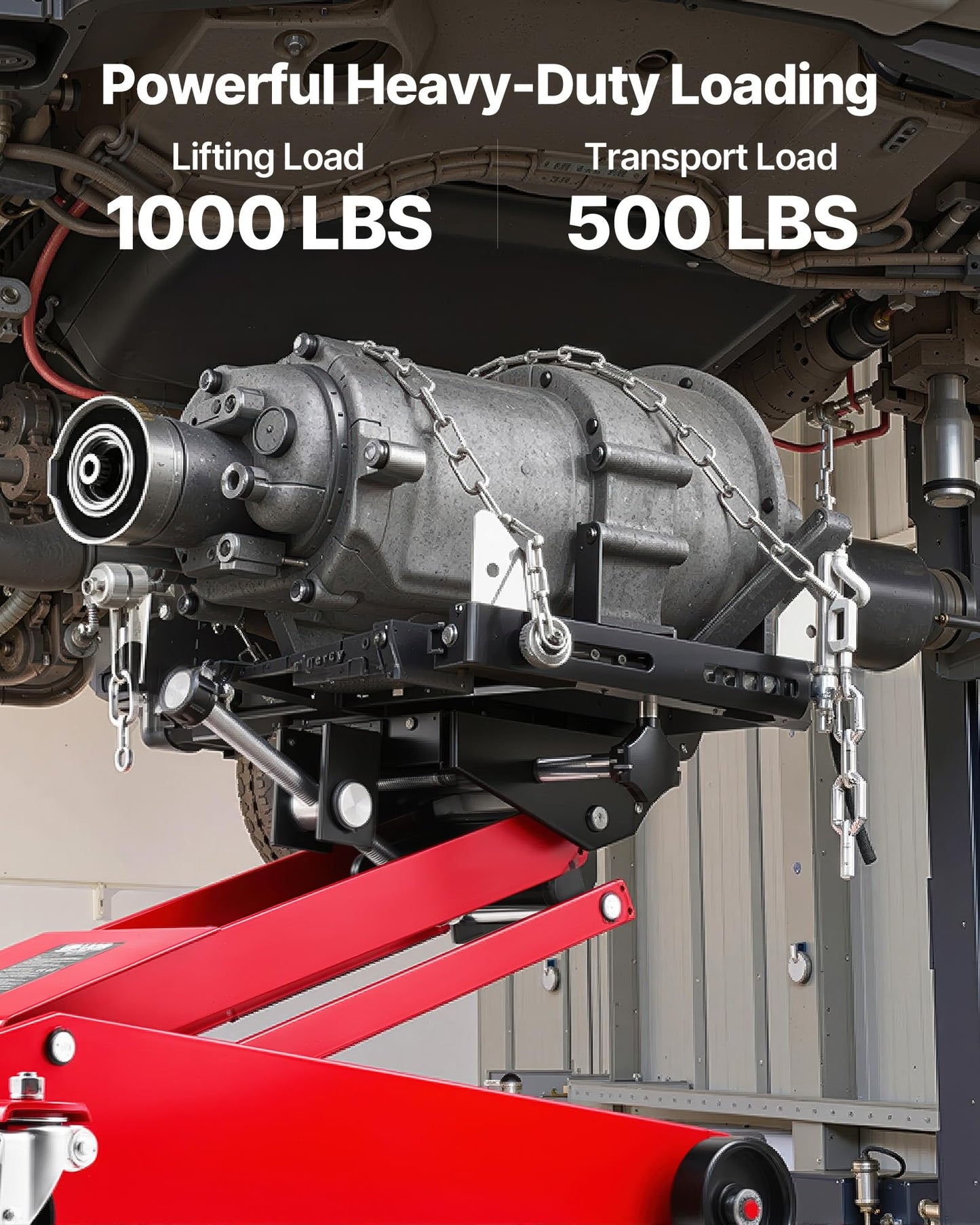 VEVOR Adjustable Floor Transmission Jack 1000 LBS Low Profile Hydraulic Transmission Telescoping Heavy-Duty Lift Jack 6.3-25.2 in Lifting Height, 360° Swivel Front Wheels