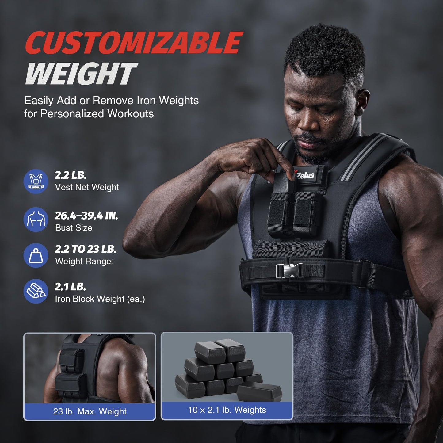 ZELUS Weighted Vest Men, 23lbs/36lbs/45lbs Adjustable Weight Vest with 10/16/20 removable Iron Weights and Reflective Strips, No-Bounce Design for Strength Training, Running, HIIT & Calisthenics